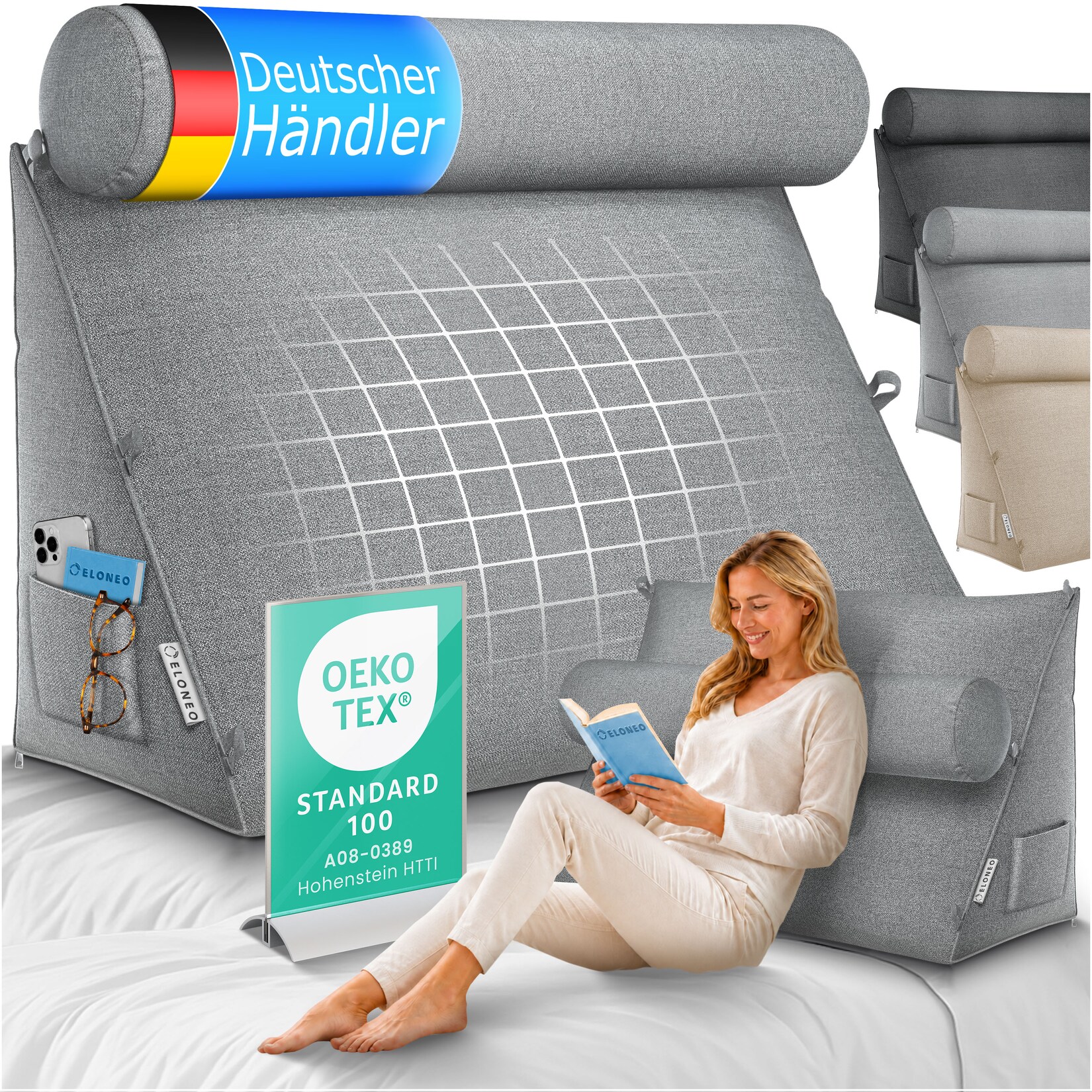 ELONEO Rückenkissen Grau 70 cm breit mit Verstellbarer und Abnehmbarer Nackenrolle, Keilkissen für Bett und Sofa geeignet, dreieckiges Lesekissen, Kissen mit waschbarem Bezug, praktisches Seitenfach