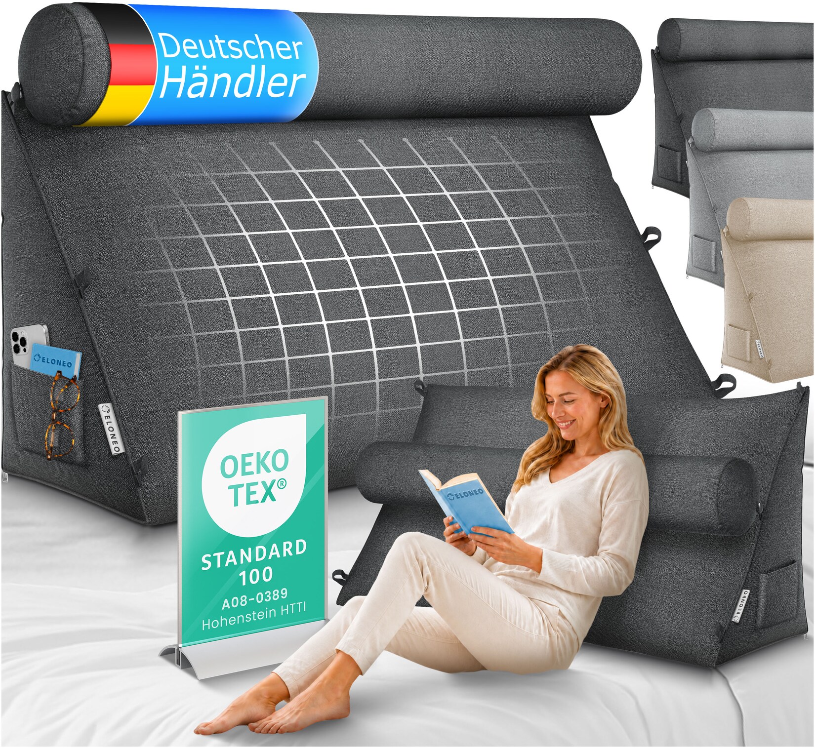 ELONEO Rückenkissen Anthrazit 90 cm breit mit Verstellbarer und Abnehmbarer Nackenrolle, Keilkissen für Bett und Sofa geeignet, dreieckiges Lesekissen, Kissen mit waschbarem Bezug, praktisches Seitenfach