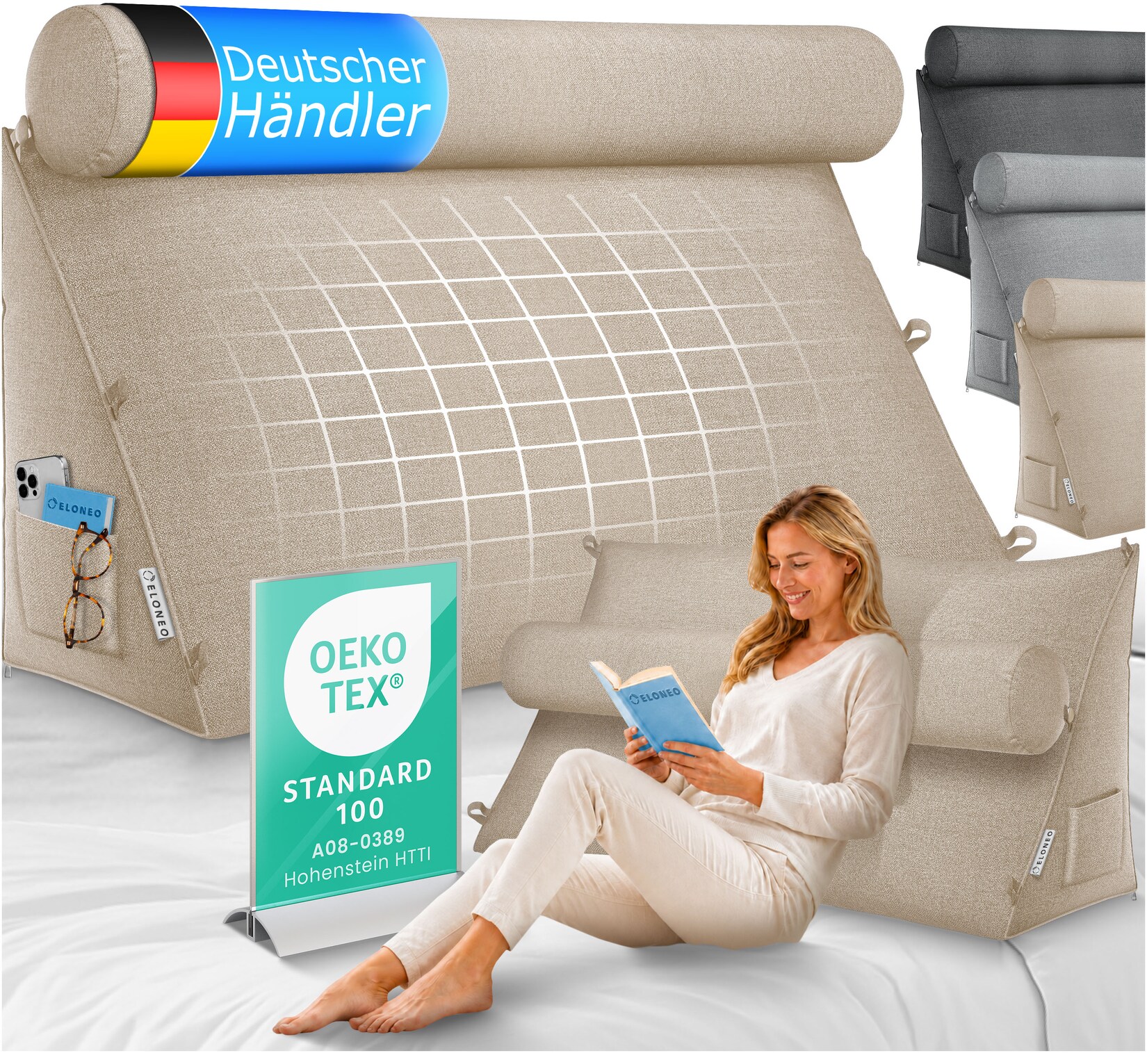 ELONEO Rückenkissen Sand 90 cm breit mit Verstellbarer und Abnehmbarer Nackenrolle, Keilkissen für Bett und Sofa geeignet, dreieckiges Lesekissen, Kissen mit waschbarem Bezug, praktisches Seitenfach