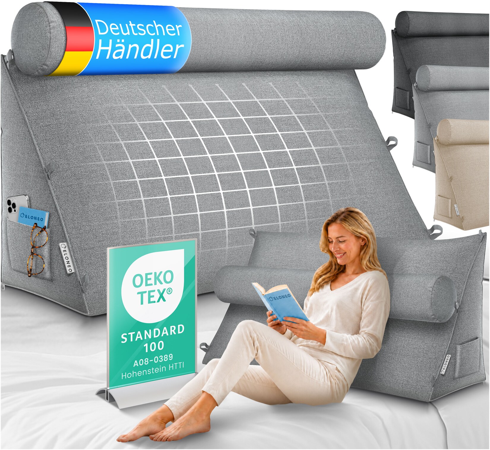 ELONEO Rückenkissen Grau 90 cm breit mit Verstellbarer und Abnehmbarer Nackenrolle, Keilkissen für Bett und Sofa geeignet, dreieckiges Lesekissen, Kissen mit waschbarem Bezug, praktisches Seitenfach