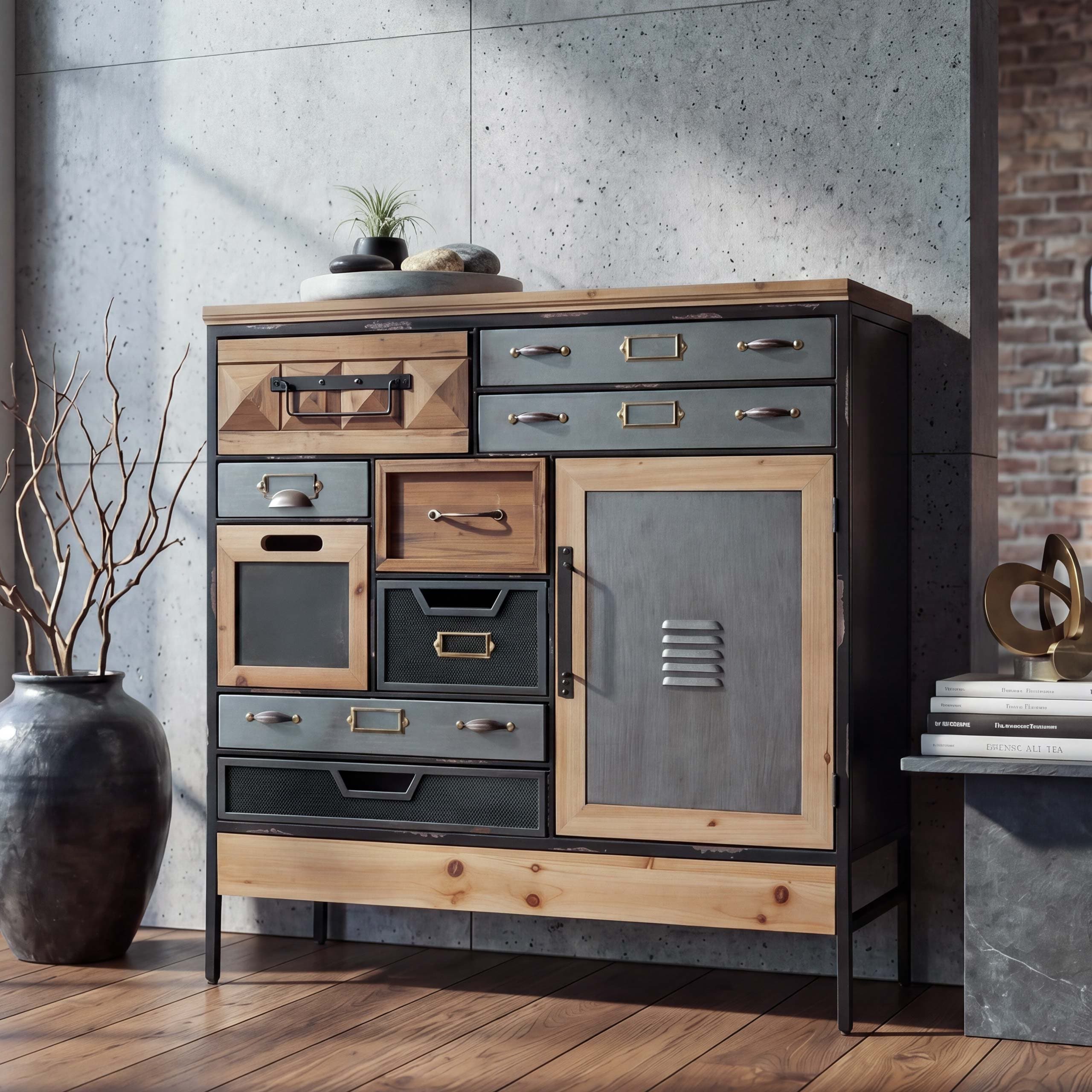 Apothekerkommode MCW-Q77, Schrank Kommode Schubladen Staufach Industrial Vintage/Shabby Holz Metall 85x84x35cm - Bild 1