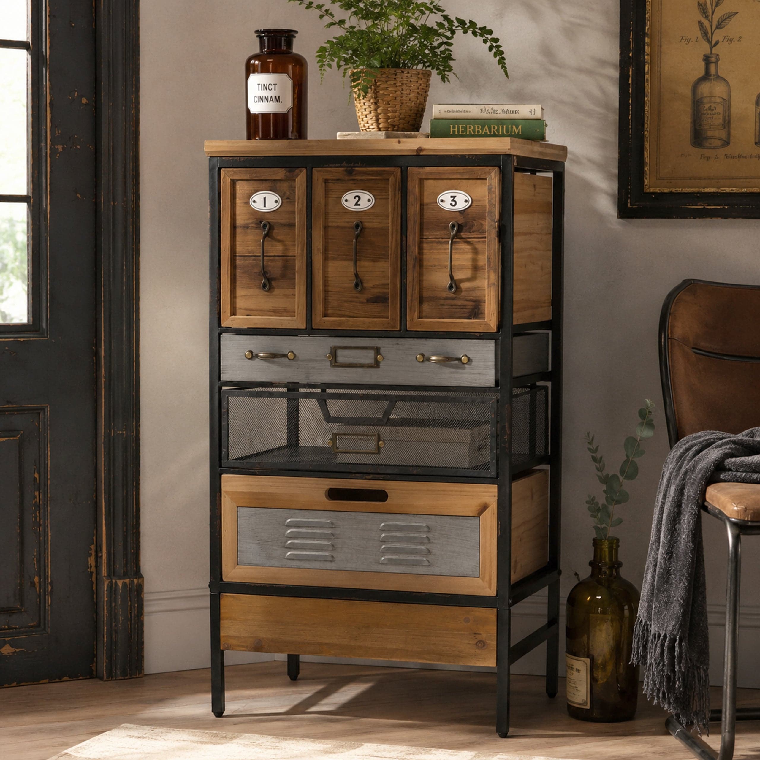 Apothekerkommode MCW-Q77, Schrank Highboard Schubladen Etikettenhalter Industrial Vintage/Shabby Holz Metall 85x46x35cm - Bild 1