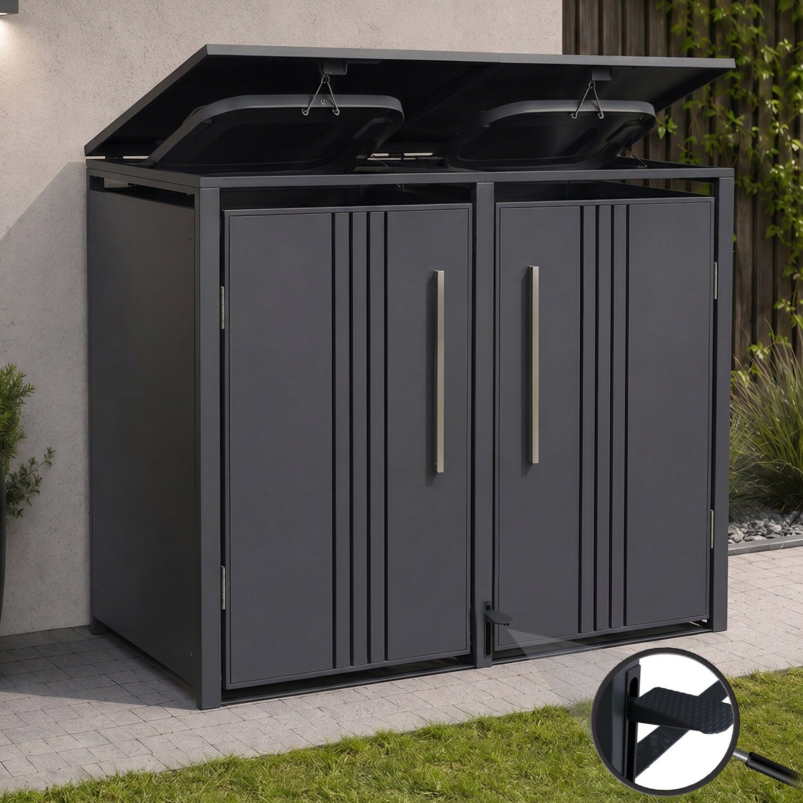 2er-Mülltonnenverkleidung -Q76, Mülltonnenbox Mülltonnenhaus, Deckel Fußpedal Metall 116x132x89cm  ~ anthrazit