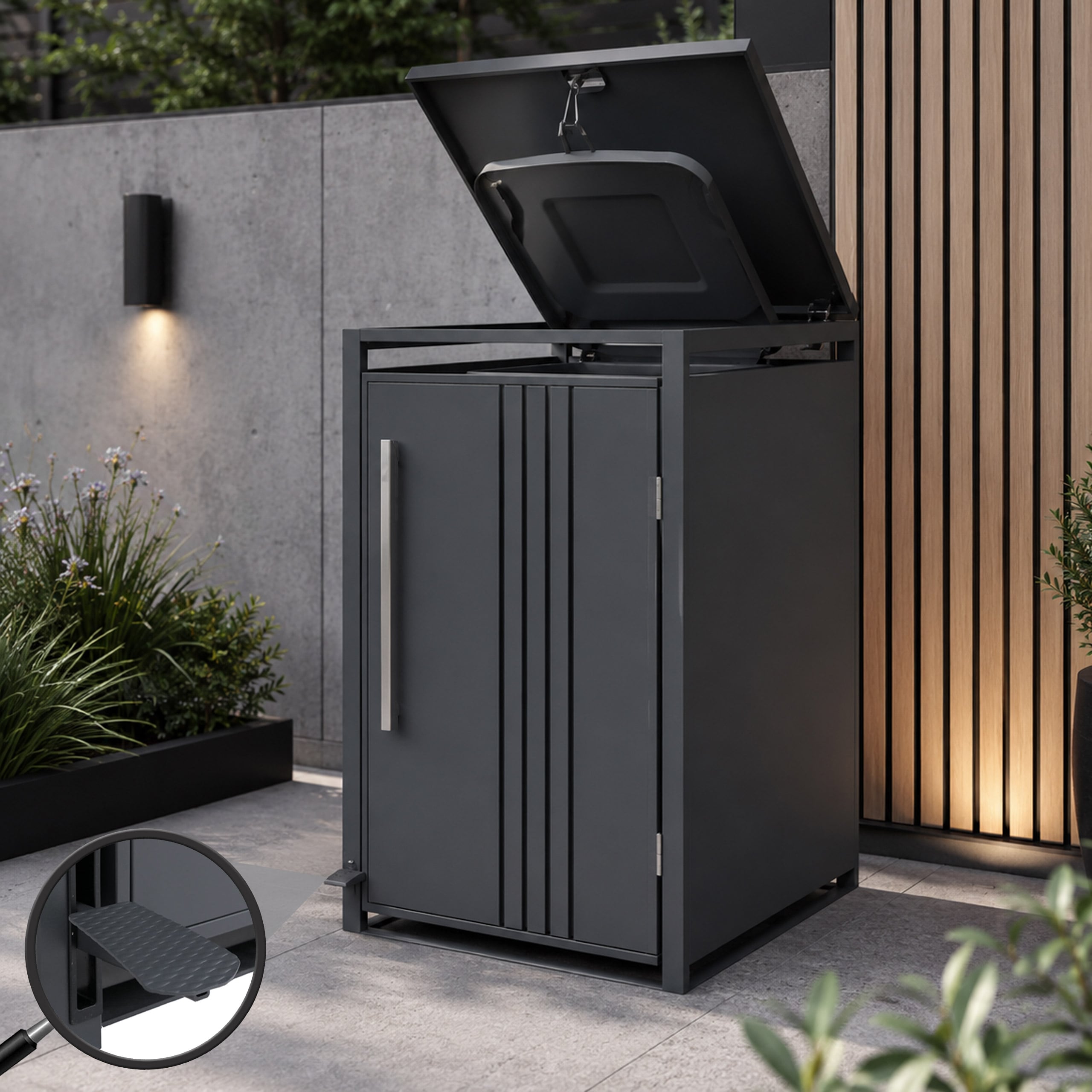 1er-M&uuml;lltonnenverkleidung MCW-Q76, M&uuml;lltonnenbox M&uuml;lltonnenhaus, Deckel Fu&szlig;pedal Metall 116x68x89cm 35kg ~ anthrazit - Bild 1