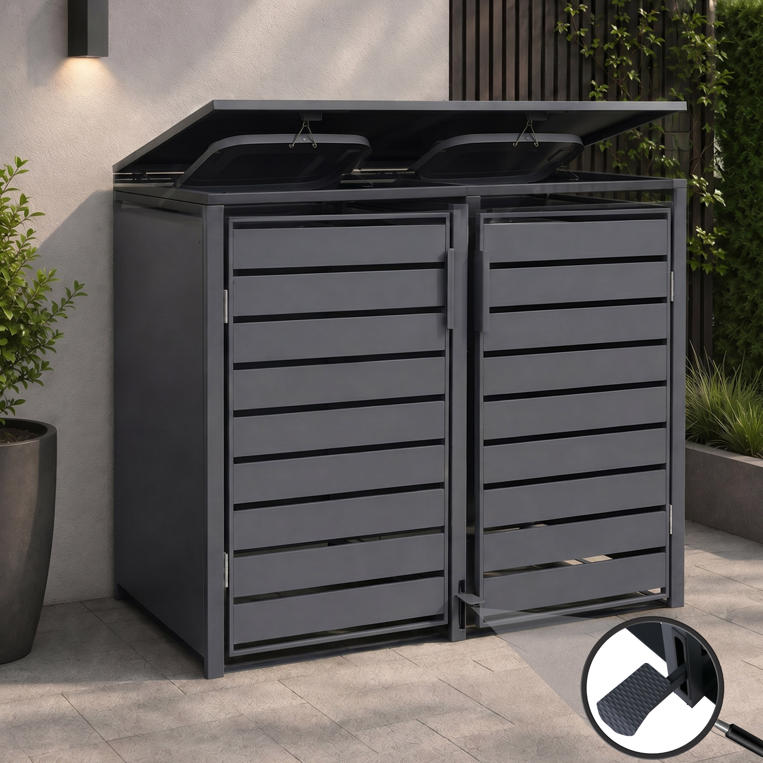 2er-M&uuml;lltonnenverkleidung MCW-Q75, M&uuml;lltonnenbox M&uuml;lltonnenhaus, Deckel Fu&szlig;pedal Metall 116x132x89cm 53kg ~ anthrazit - Bild 1