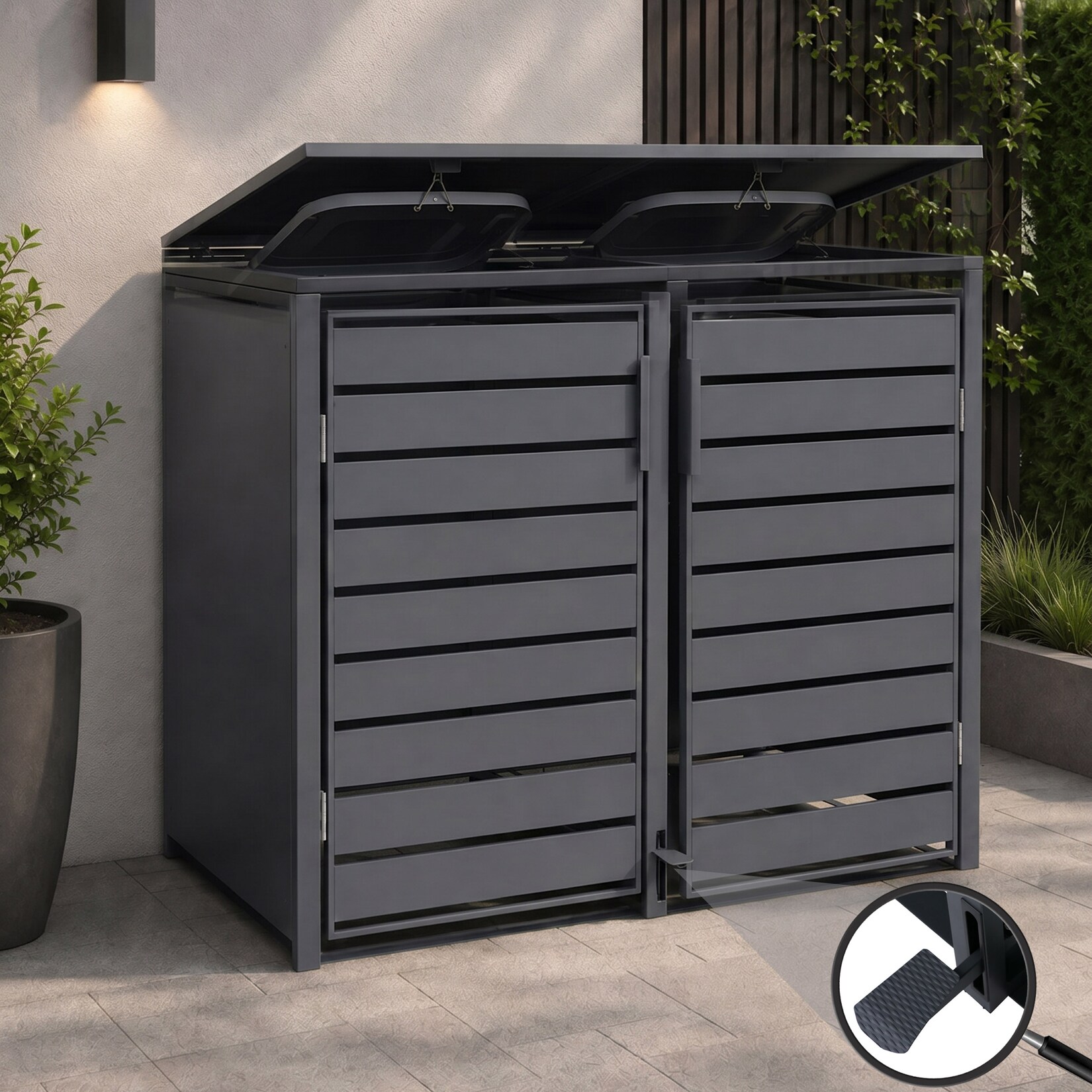 2er-Mülltonnenverkleidung -Q75, Mülltonnenbox Mülltonnenhaus, Deckel Fußpedal Metall 116x132x89cm  ~ anthrazit