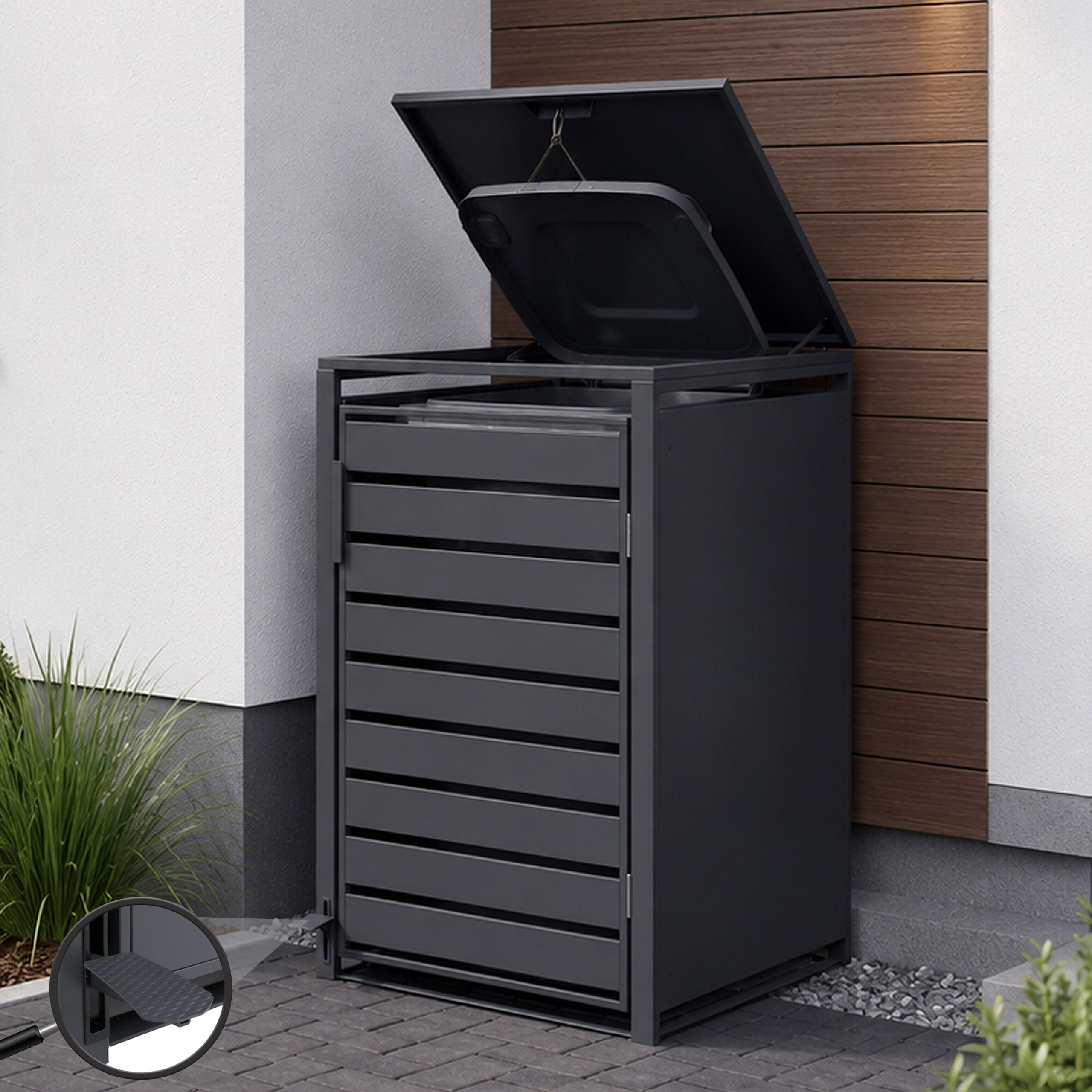 1er-M&uuml;lltonnenverkleidung MCW-Q75, M&uuml;lltonnenbox M&uuml;lltonnenhaus, Deckel Fu&szlig;pedal Metall 116x68x89cm 35kg ~ anthrazit - Bild 1