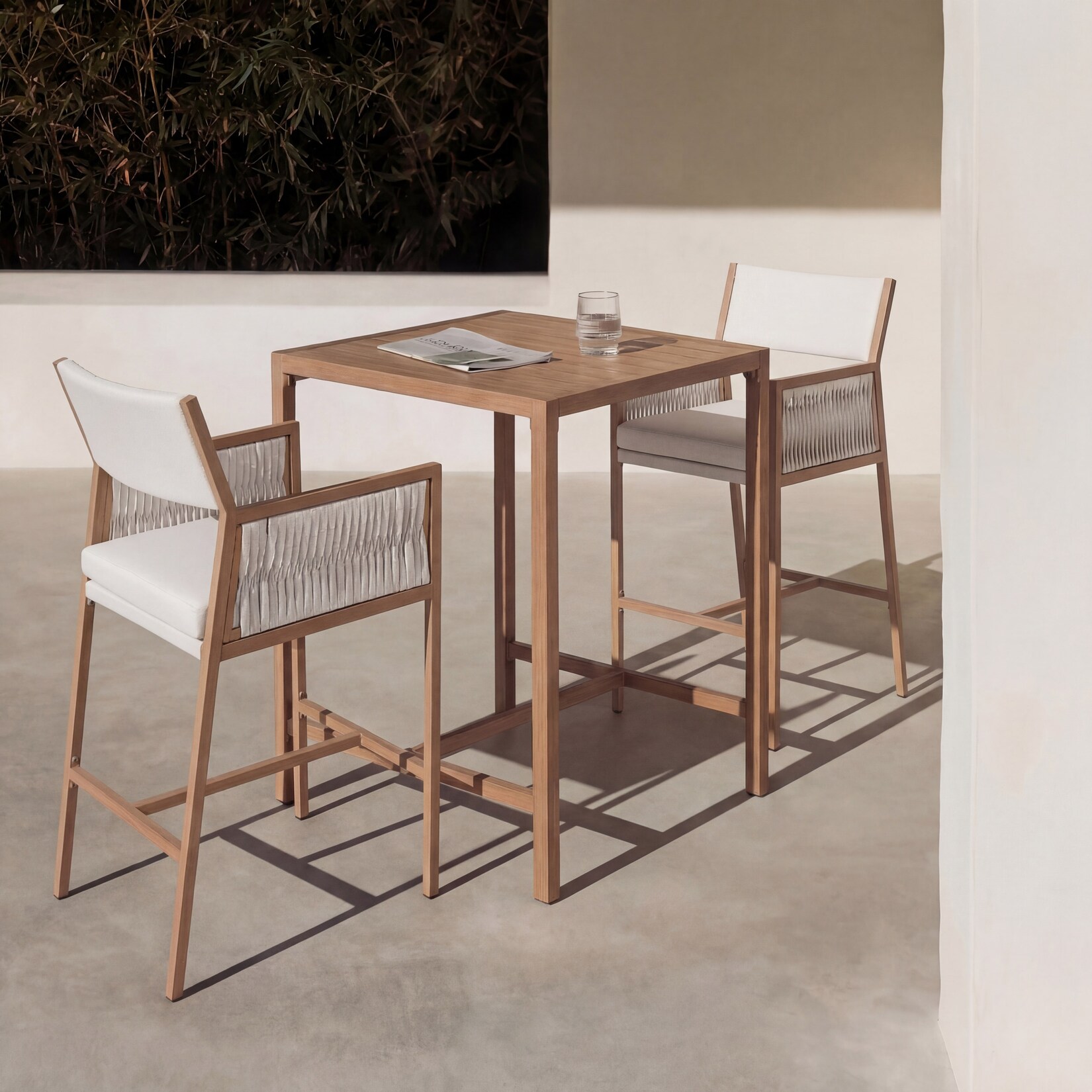 Set Bartisch + 2x Barhocker MCW-Q12, Barstuhl Stehtisch, Polyrattan Olefin (210 g/m²) ~ weiß