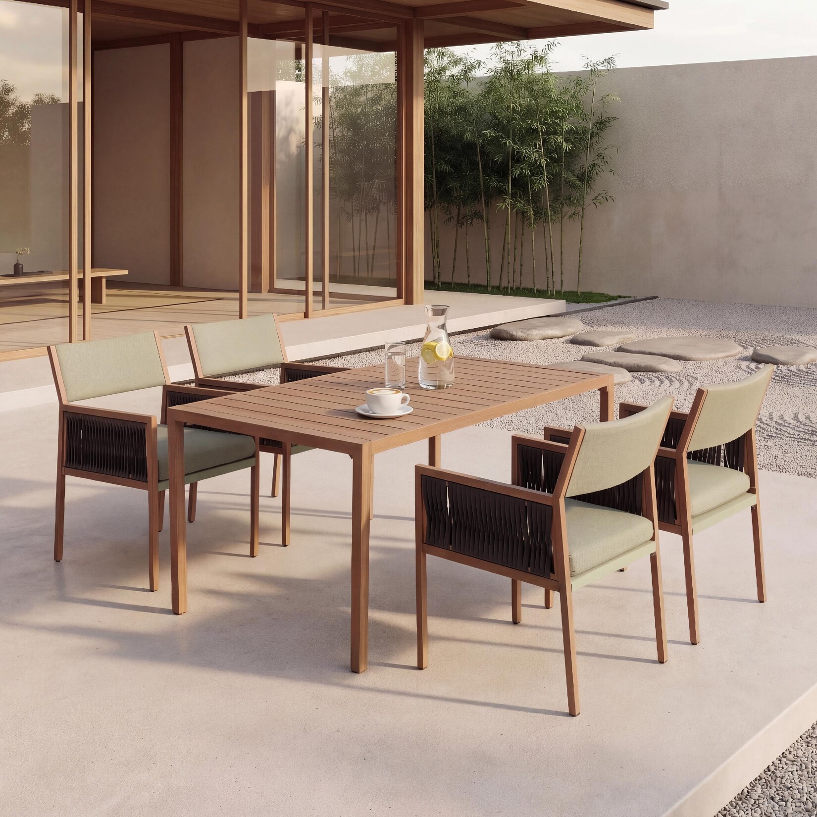 Garten-Essgarnitur -Q12, Gartengarnitur Tisch+4xStuhl Sitzgruppe, Polyrattan Olefin (/m²) ~ grün