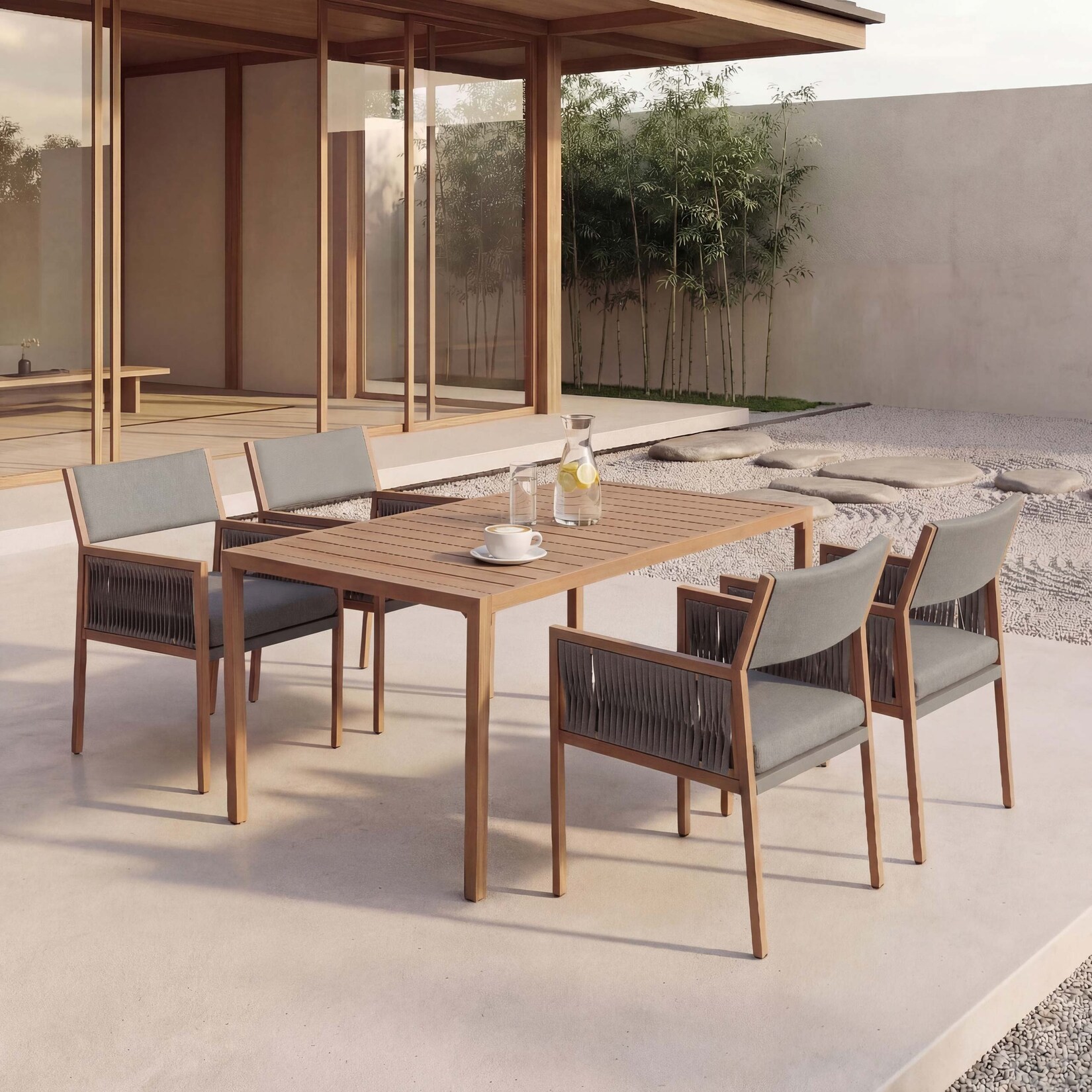 Garten-Essgarnitur -Q12, Gartengarnitur Tisch+4xStuhl Sitzgruppe, Polyrattan Olefin (/m²) ~ dunkelgrau