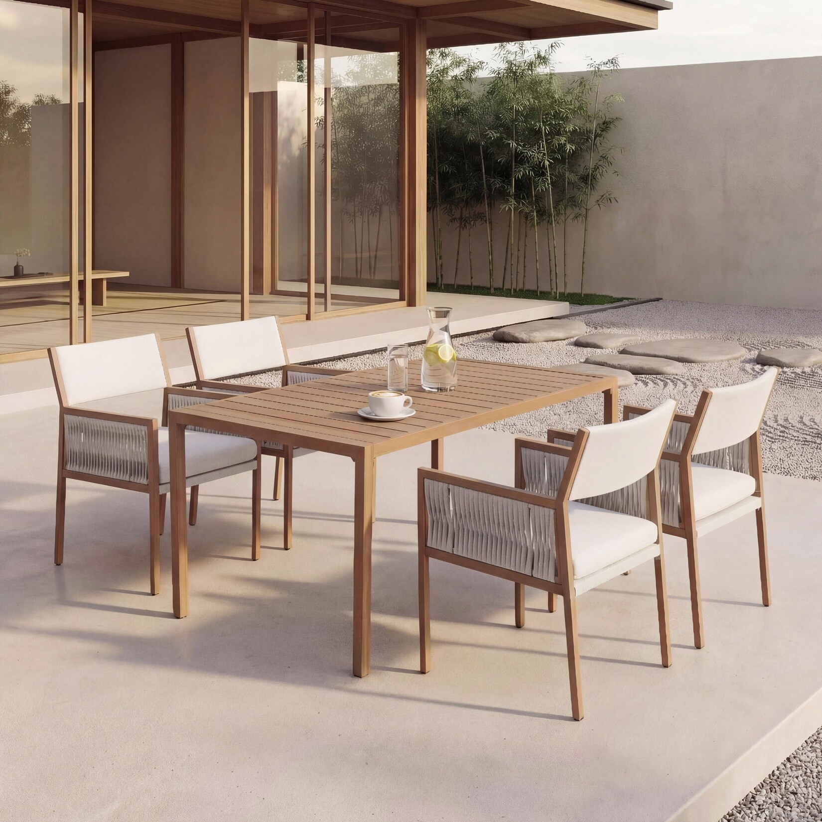 Garten-Essgarnitur -Q12, Gartengarnitur Tisch+4xStuhl Sitzgruppe, Polyrattan Olefin (/m²) ~ weiß