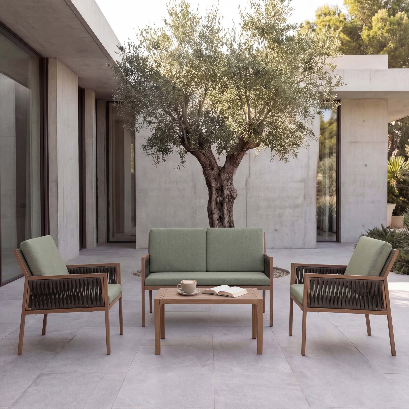 Garten-Garnitur -Q12, Gartenlounge Lounge-Set Sitzgruppe Sofa, Polyrattan Olefin (/m²) ~ grün
