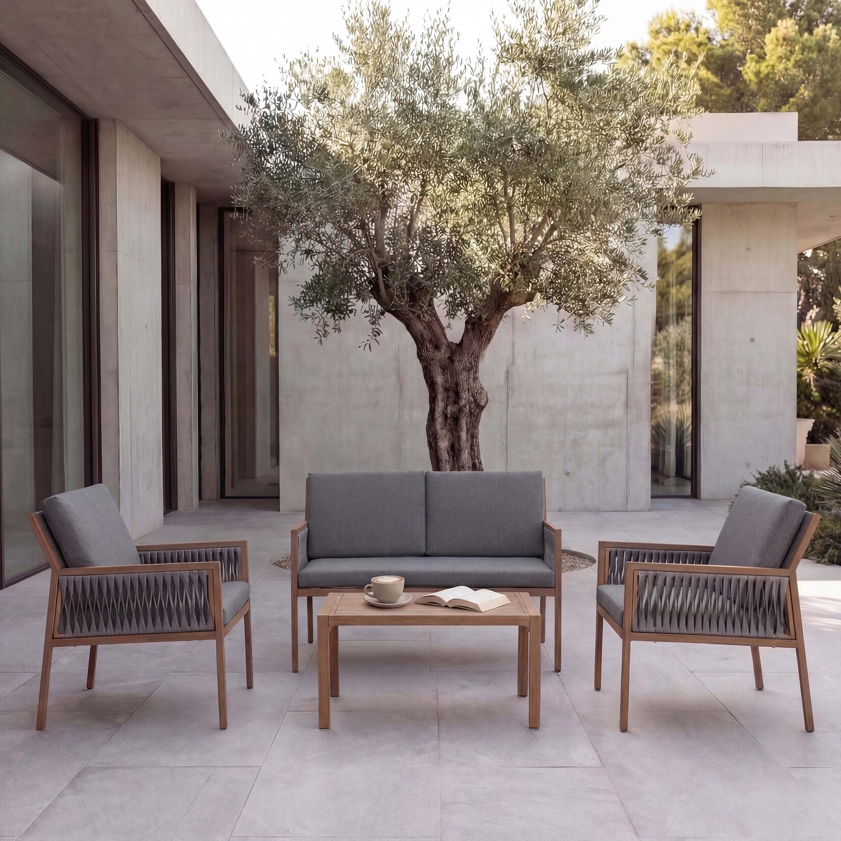 Garten-Garnitur -Q12, Gartenlounge Lounge-Set Sitzgruppe Sofa, Polyrattan Olefin (/m²) ~ dunkelgrau