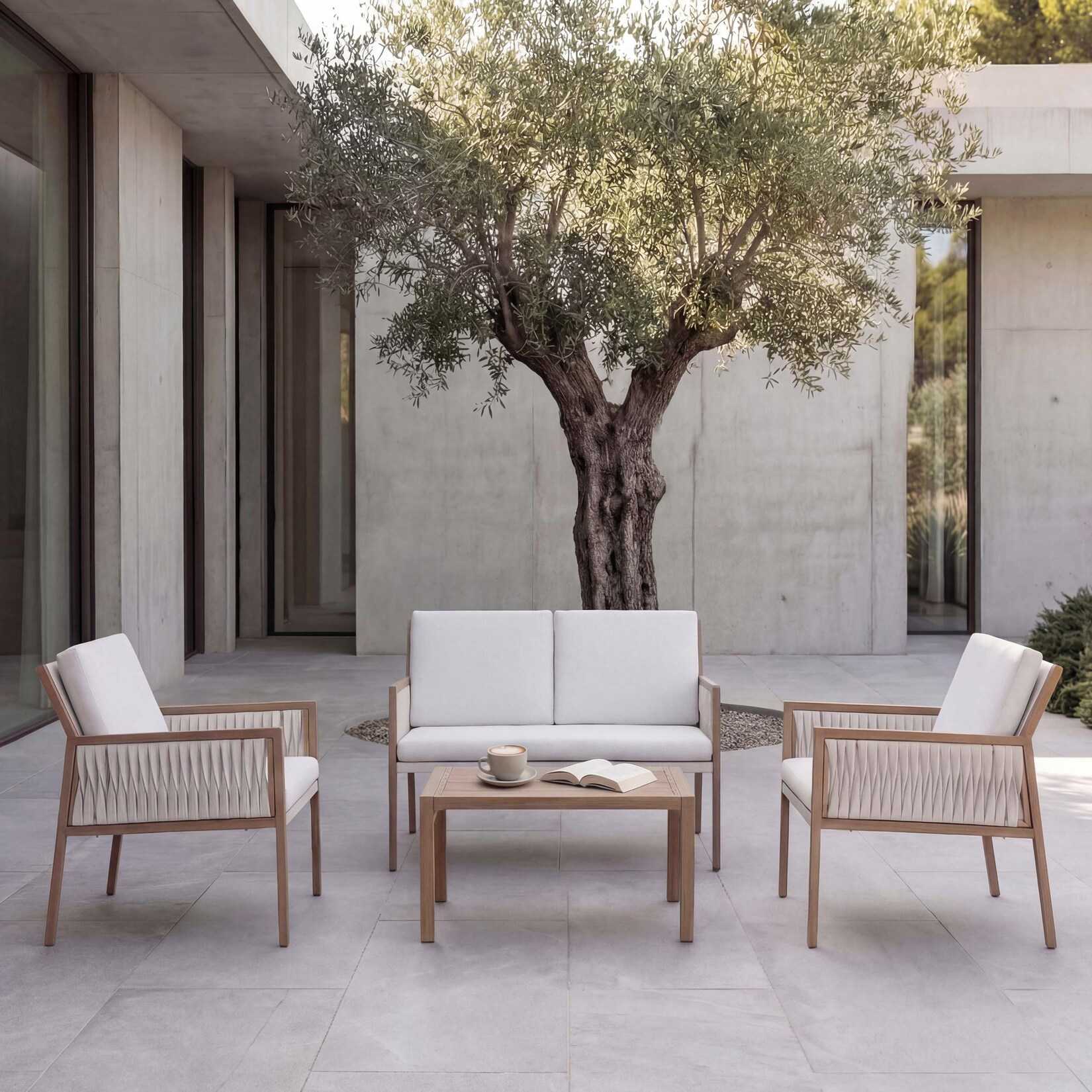 Garten-Garnitur -Q12, Gartenlounge Lounge-Set Sitzgruppe Sofa, Polyrattan Olefin (/m²) ~ weiß