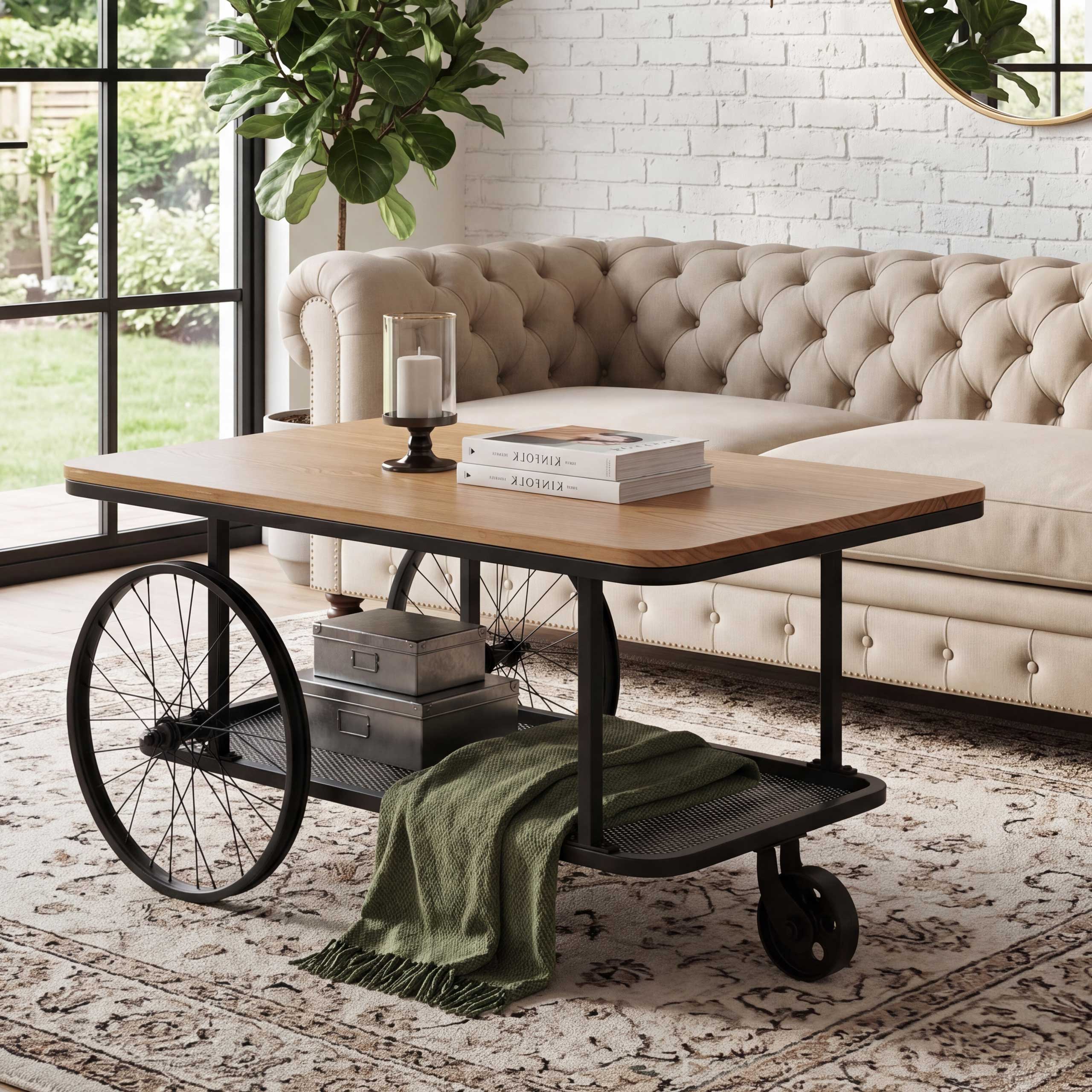 Couchtisch MCW-Q69, Beistelltisch Sofatisch, Reifen Industrial Retro Holz, 54x100x60cm ~ natur, schwarz - Bild 1