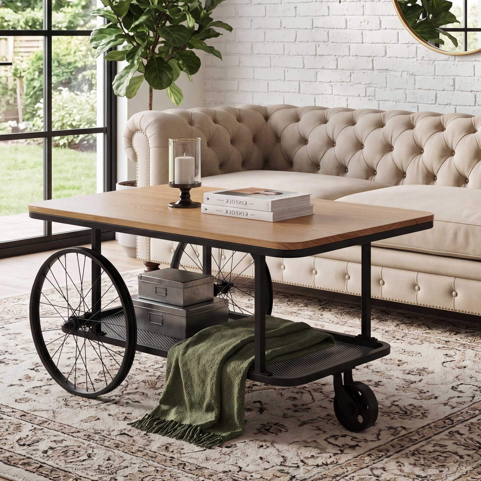 Couchtisch MCW-Q69, Beistelltisch Sofatisch, Reifen Industrial Retro Holz, 54x100x60cm ~ natur, schwarz