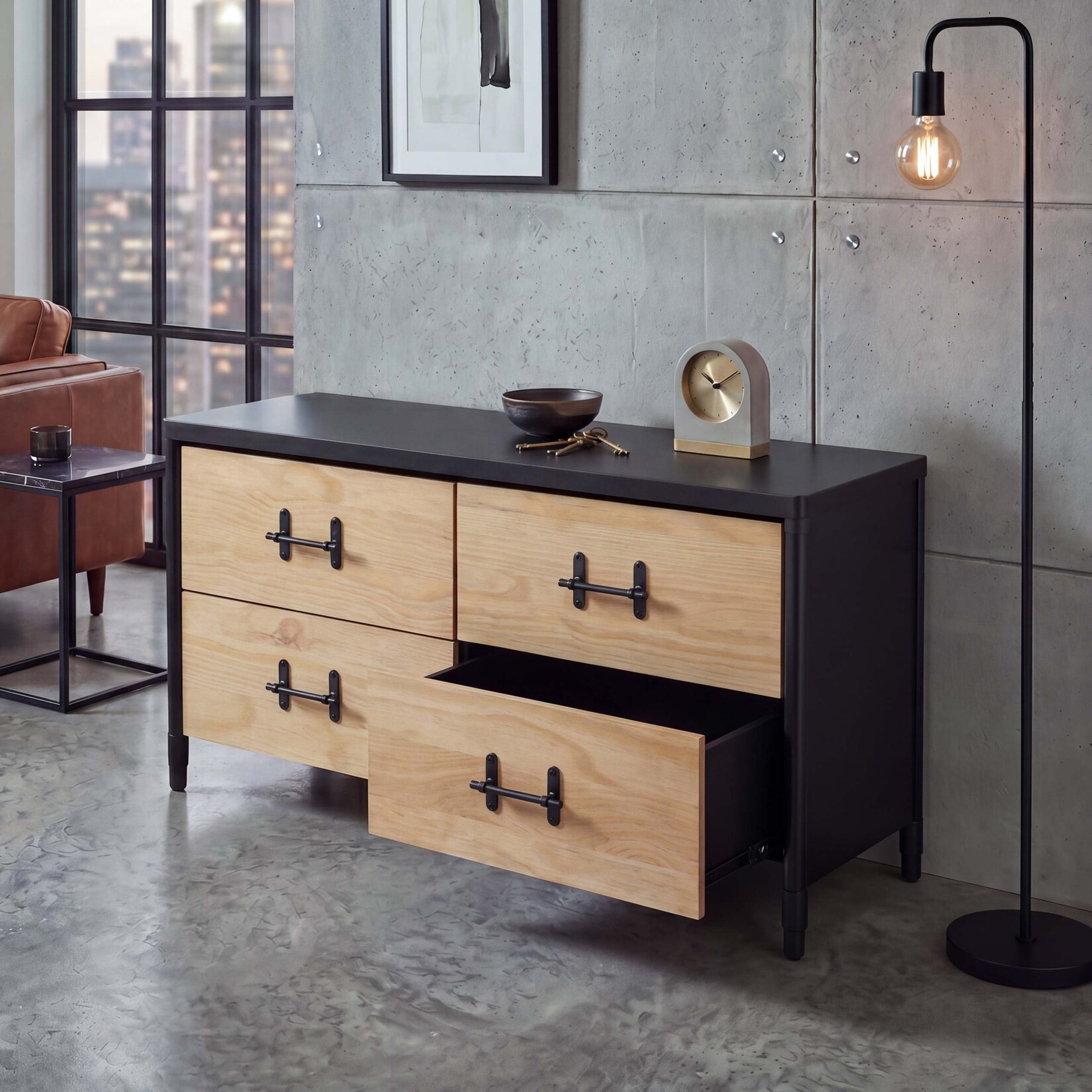 Kommode MCW-Q66, Sideboard Schrank Anrichte, Schubladen Industrial 60x120x40cm ~ Holz natur, Metall schwarz