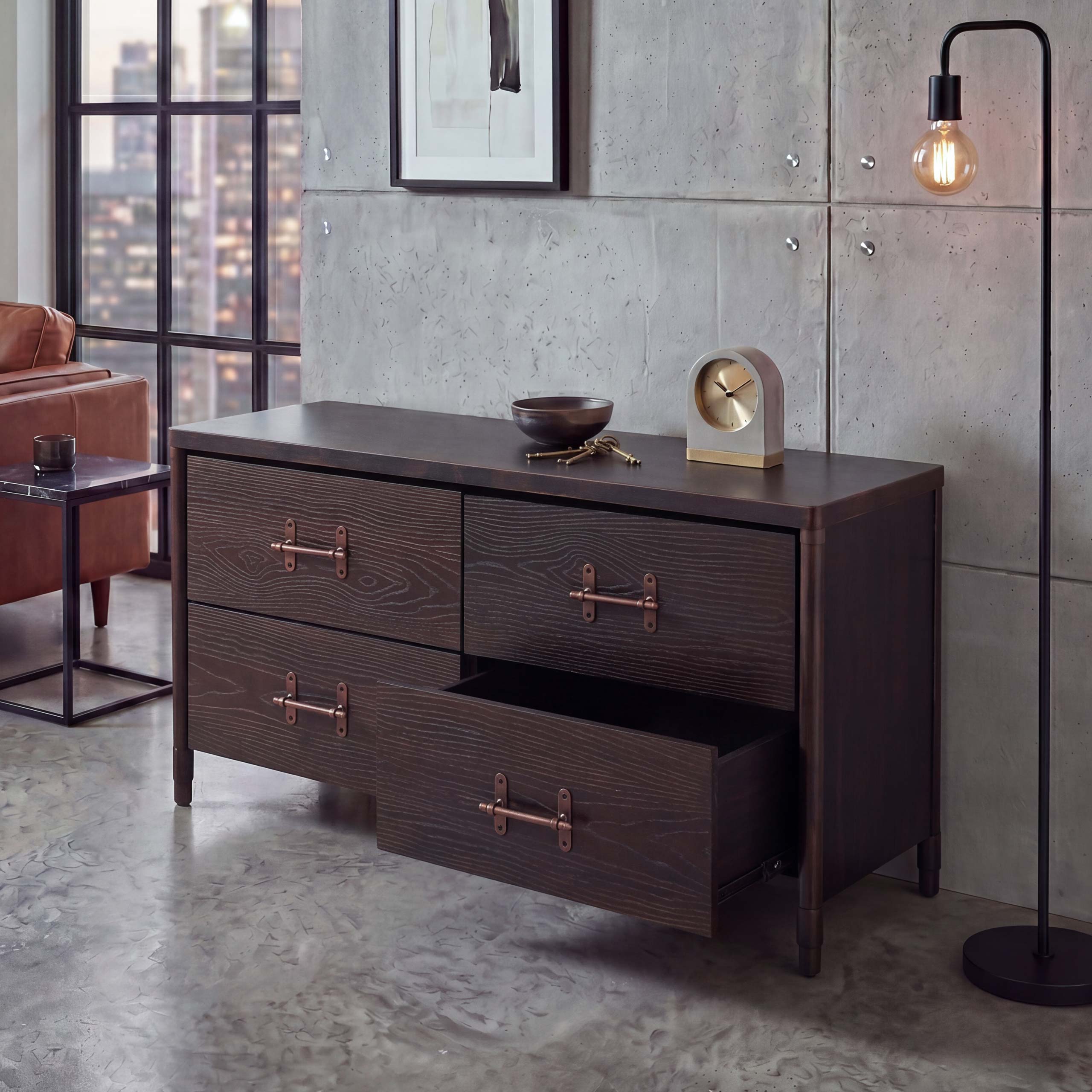 Kommode MCW-Q66, Sideboard Schrank Anrichte, Schubladen&nbsp;Industrial 60x120x40cm ~ Holz schwarz, Metall kupferfarben - Bild 1