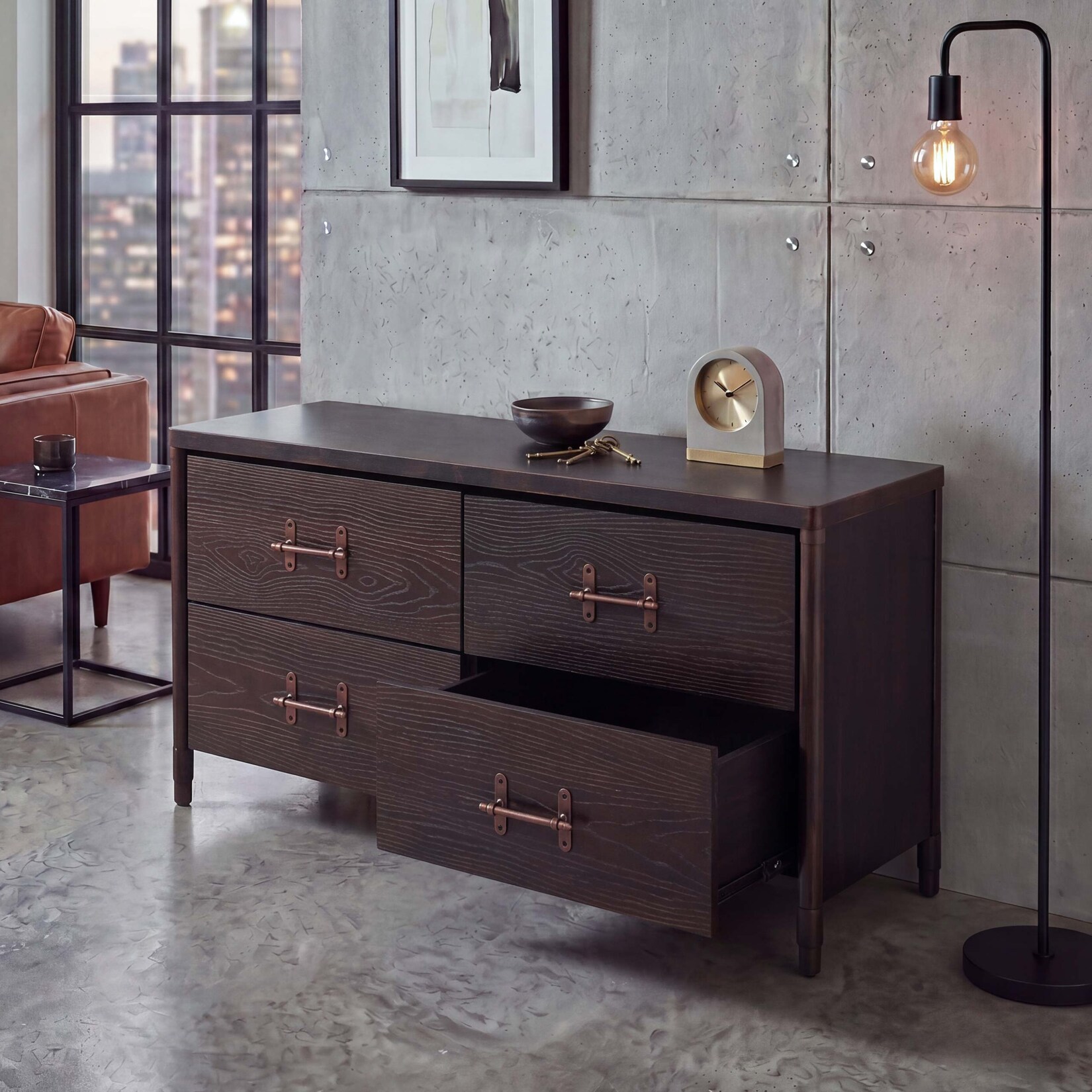 Kommode MCW-Q66, Sideboard Schrank Anrichte, Schubladen Industrial 60x120x40cm ~ Holz schwarz, Metall kupferfarben