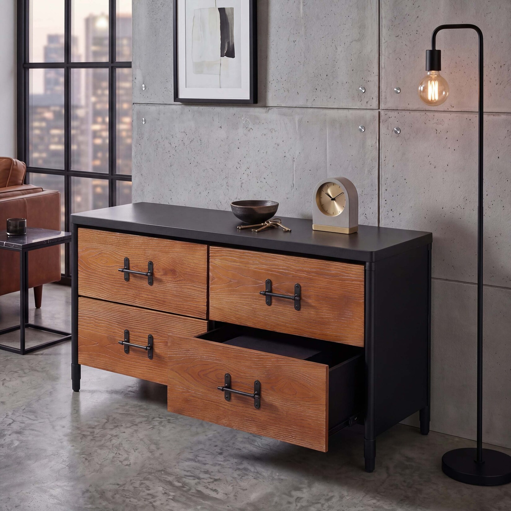 Kommode MCW-Q66, Sideboard Schrank Anrichte, Schubladen Industrial 60x120x40cm ~ Holz braun, Metall schwarz
