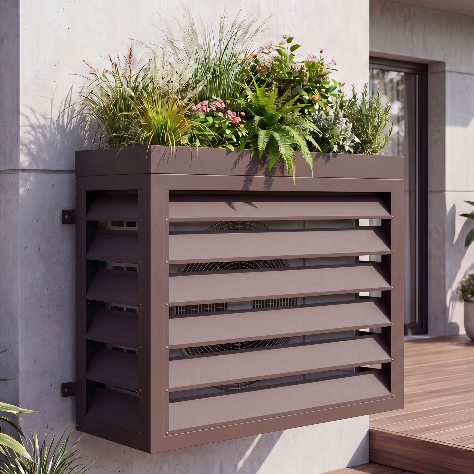Verkleidung für Klimaanlage/Wärmetauscher -O43 mit Pflanzkasten, Abdeckung, Metall 80x97x38cm ~ dunkelbraun