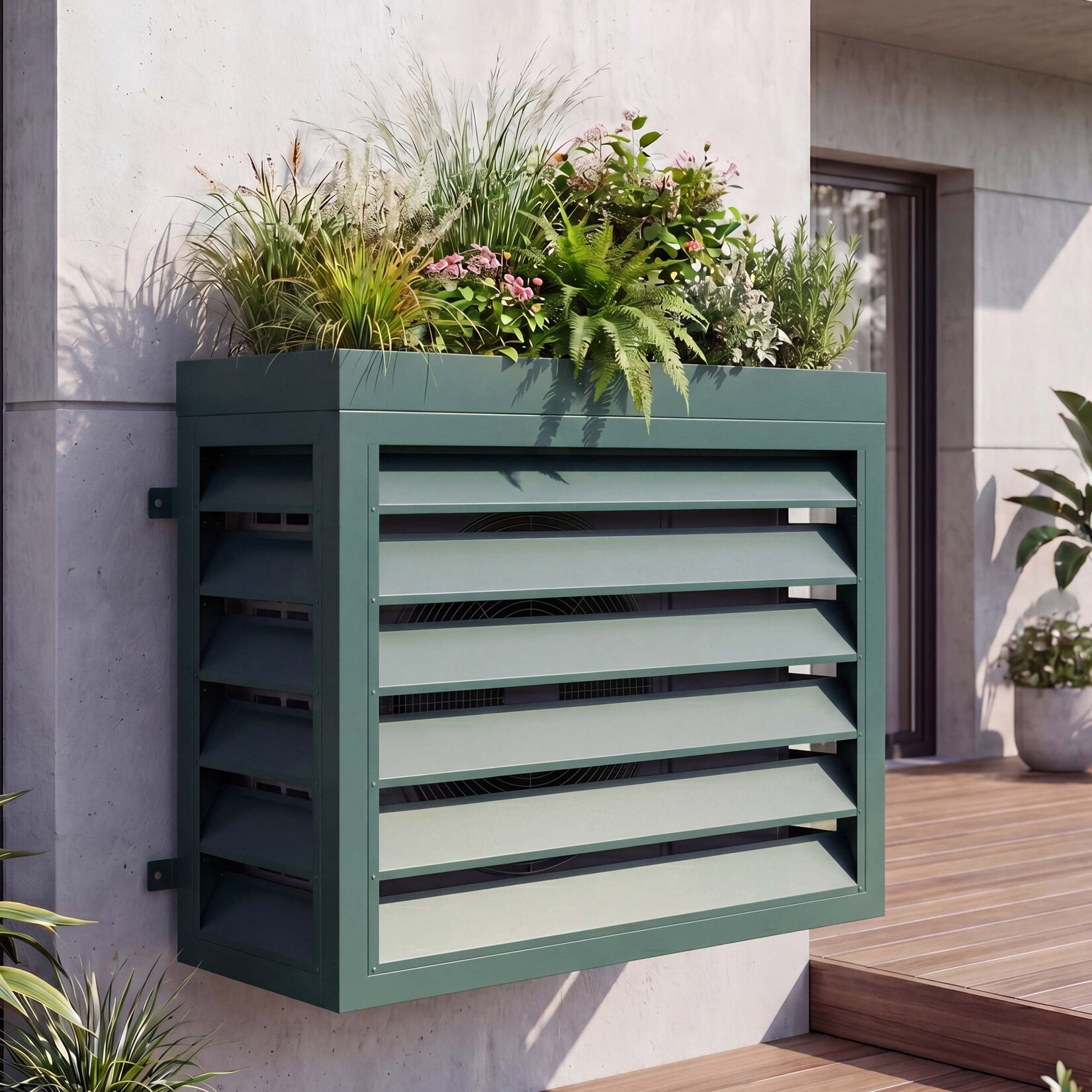 Verkleidung für Klimaanlage/Wärmetauscher -O43 mit Pflanzkasten, Abdeckung, Metall 80x97x38cm ~ grün