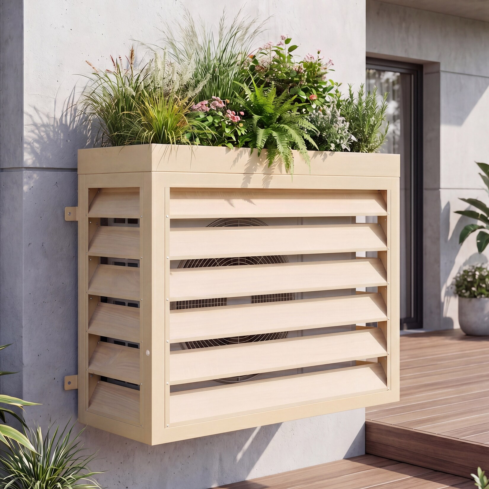 Verkleidung für Klimaanlage/Wärmetauscher -O43 mit Pflanzkasten, Abdeckung, Metall 80x97x38cm ~ Eiche-Optik