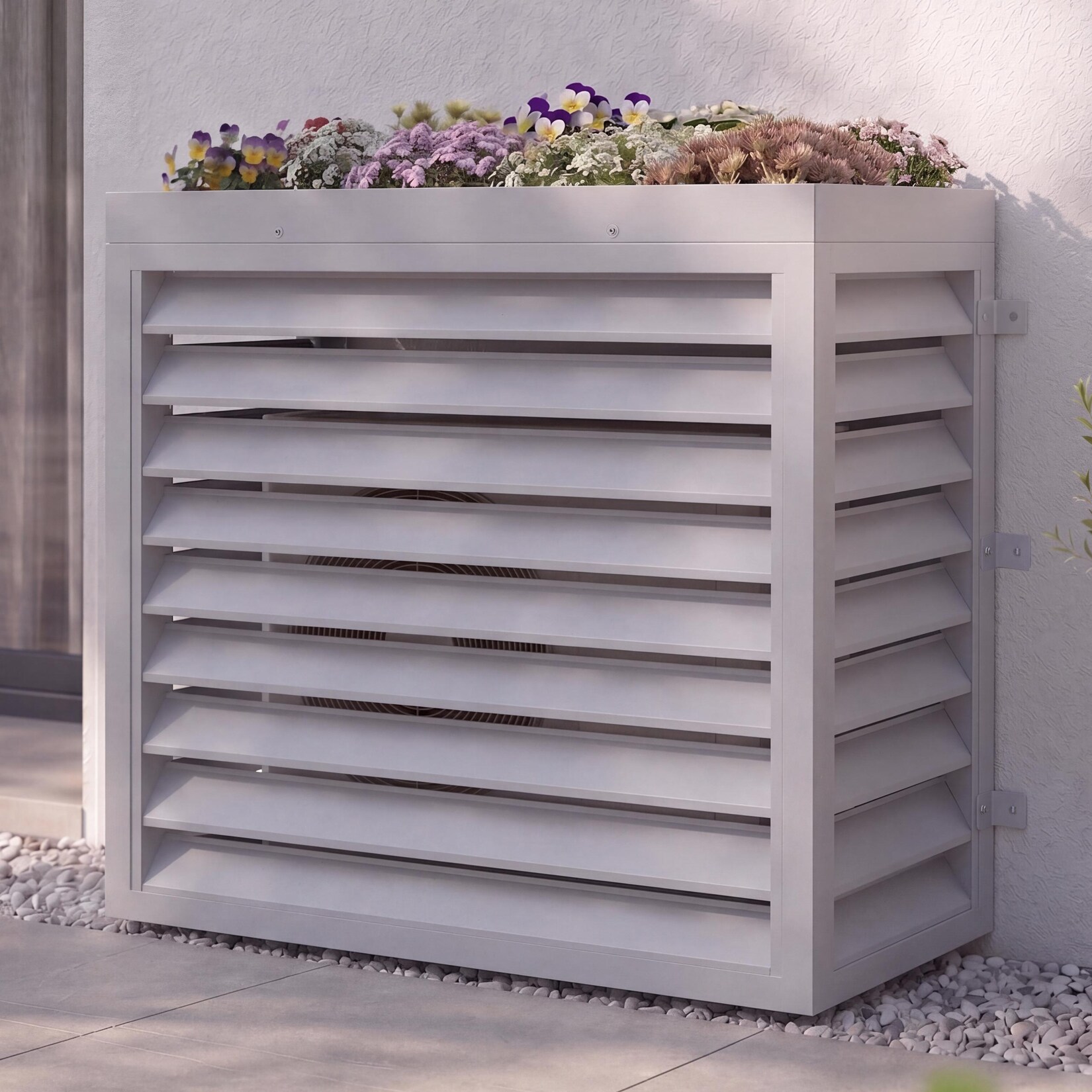 Verkleidung für Klimaanlage/Wärmetauscher -O43 mit Pflanzkasten, Abdeckung, Metall 118x124x65cm ~ grau-weiß