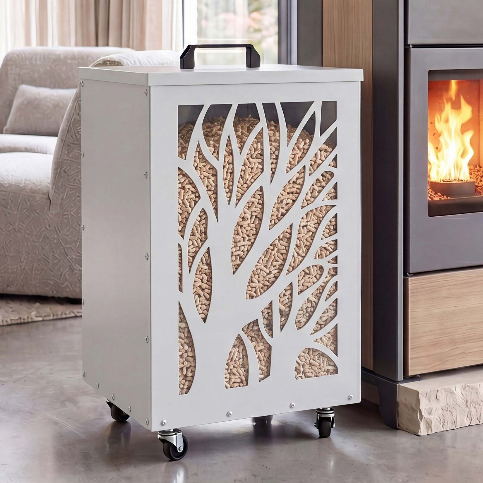 Pelletbehälter MCW-Q30 Bäume, Pelletbox Aufbewahrungsbox für z.B. Tierfutter, Rollen Füße 64x36x36cm ~ weiß-hellgrau