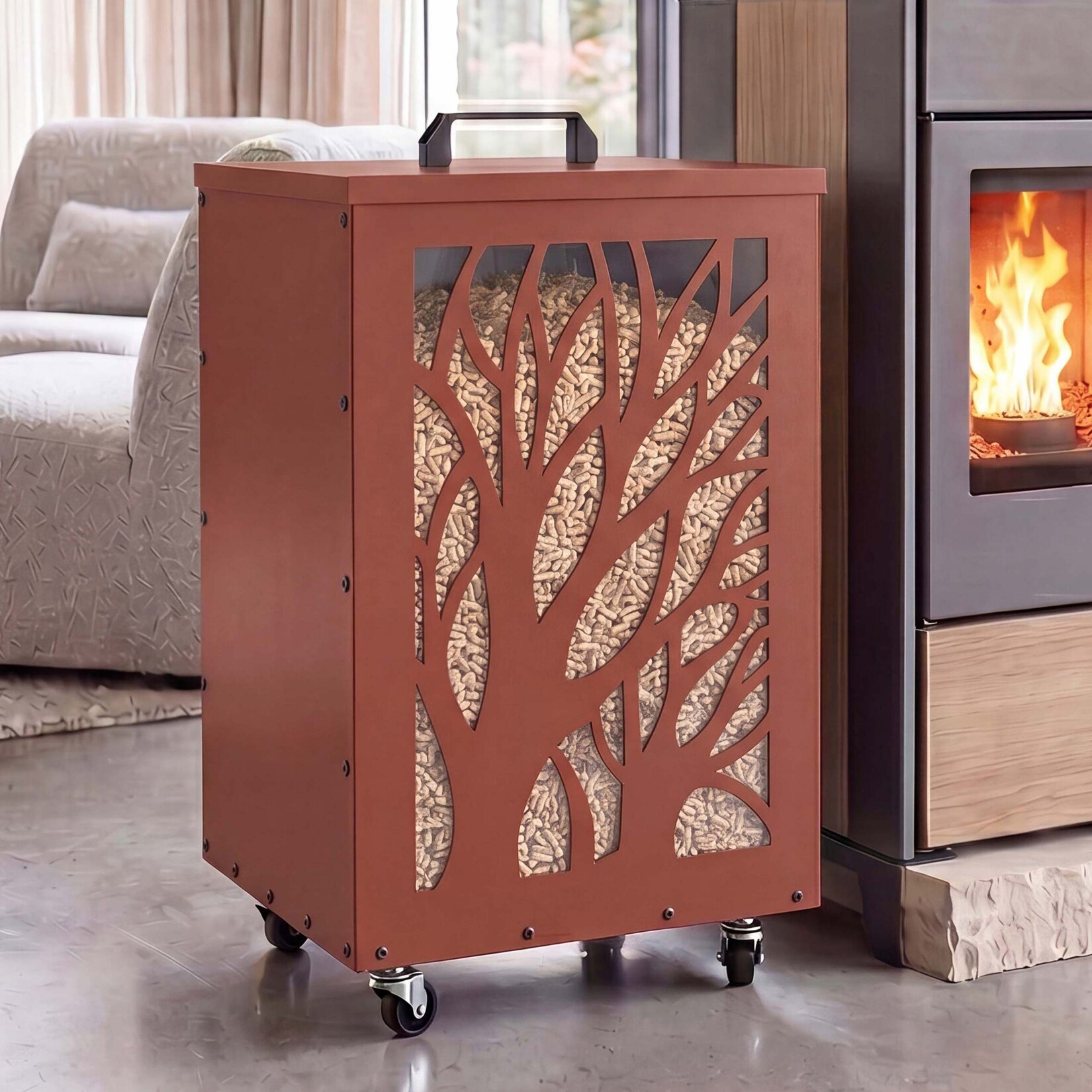Pelletbehälter MCW-Q30 Bäume, Pelletbox Aufbewahrungsbox für z.B. Tierfutter, Rollen Füße 64x36x36cm ~ kupferfarben