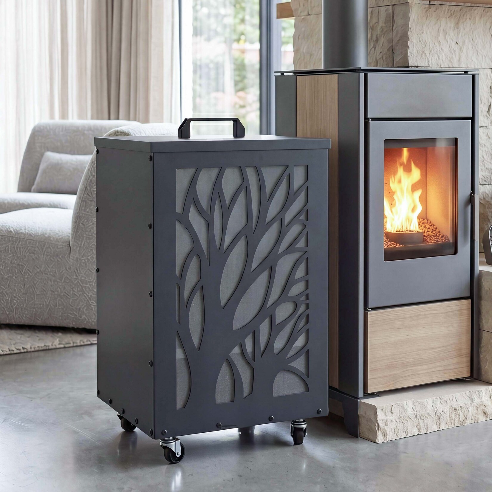 Pelletbehälter MCW-Q30 Bäume, Pelletbox Aufbewahrungsbox für z.B. Tierfutter, Rollen Füße 64x36x36cm ~ anthrazit