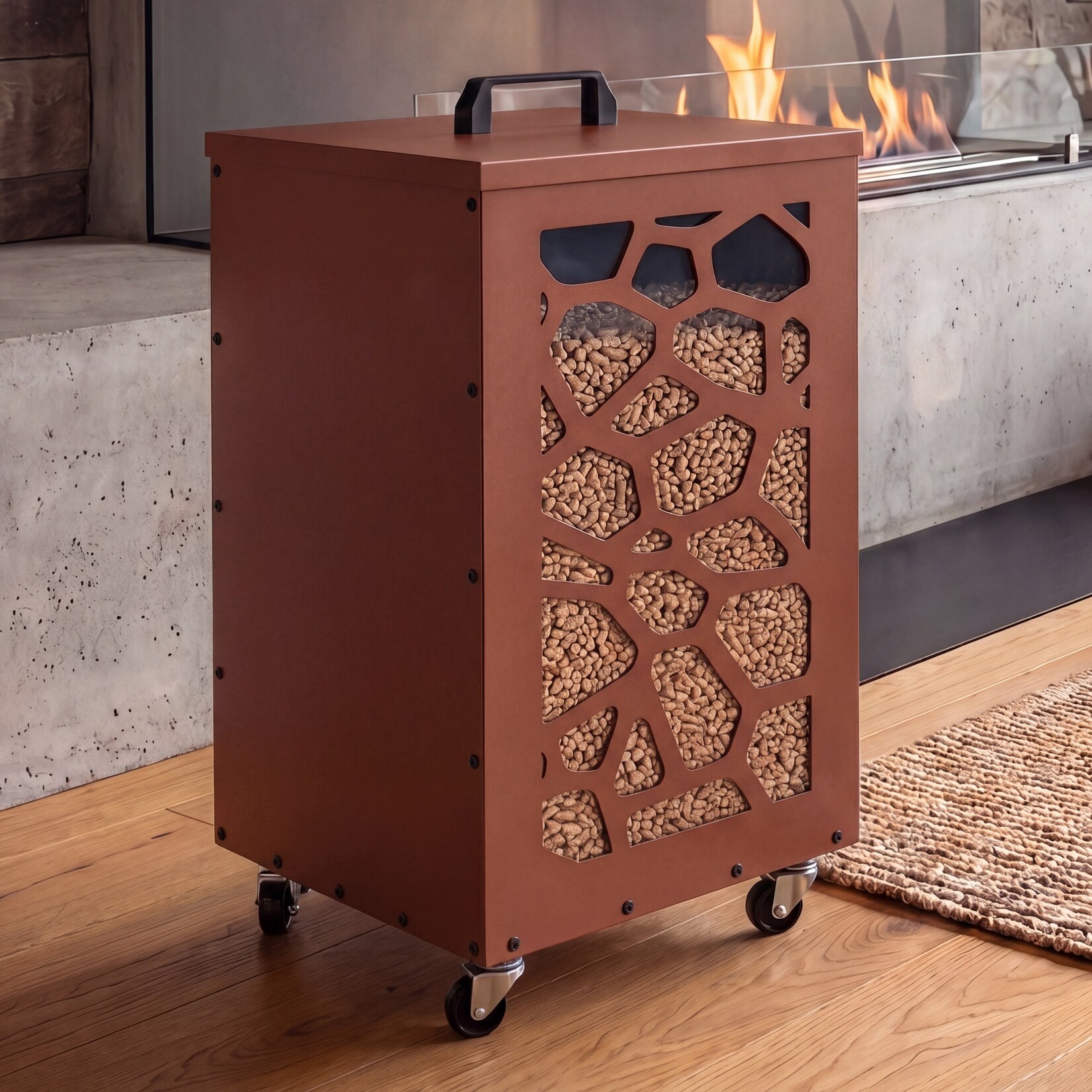 Pelletbehälter MCW-Q30 Waben, Pelletbox Aufbewahrungsbox für z.B. Tierfutter, Rollen Füße 64x36x36cm ~ kupferfarben