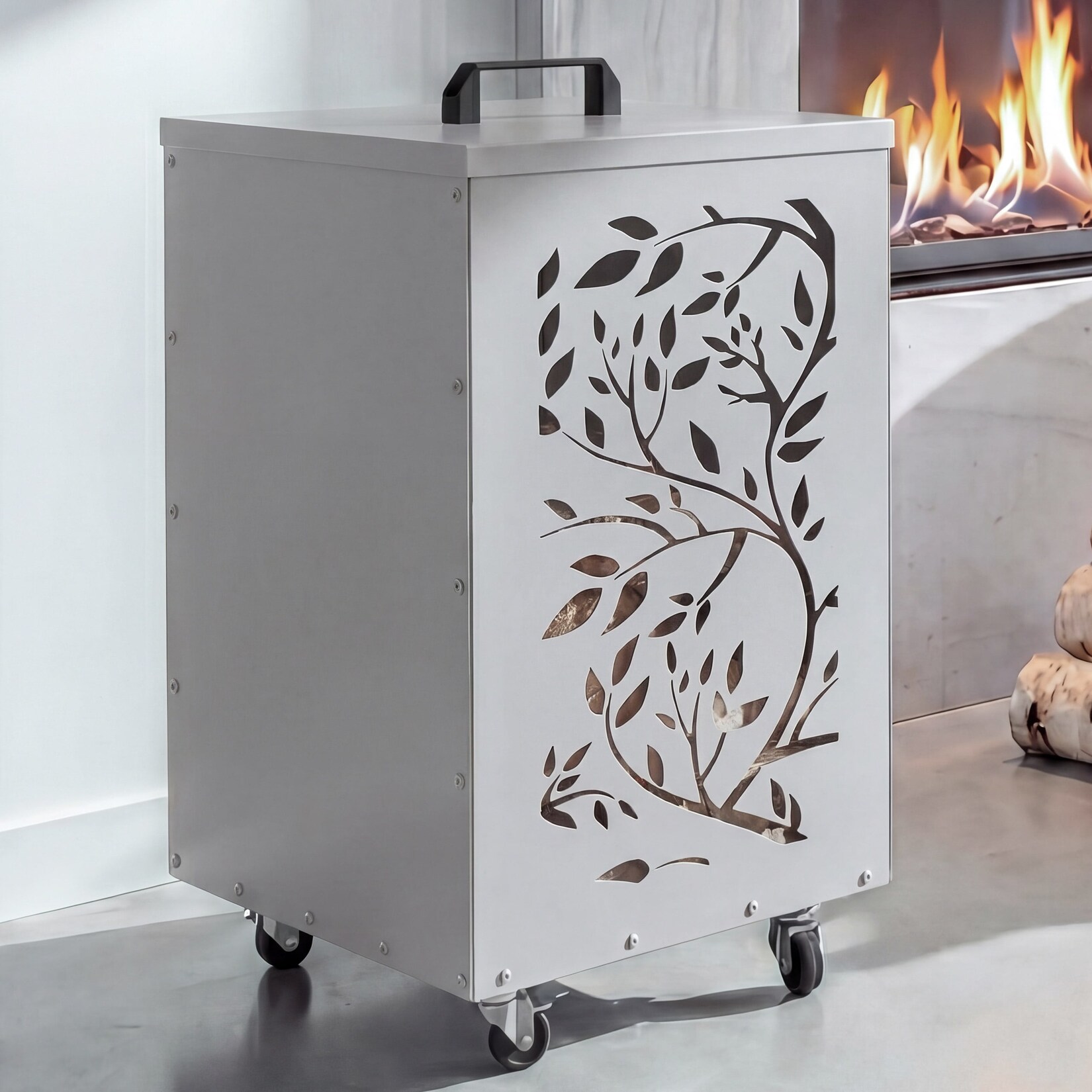 Pelletbehälter MCW-Q30 Ranken, Pelletbox Aufbewahrungsbox für z.B. Tierfutter, Rollen Füße 64x36x36cm ~ weiß-hellgrau