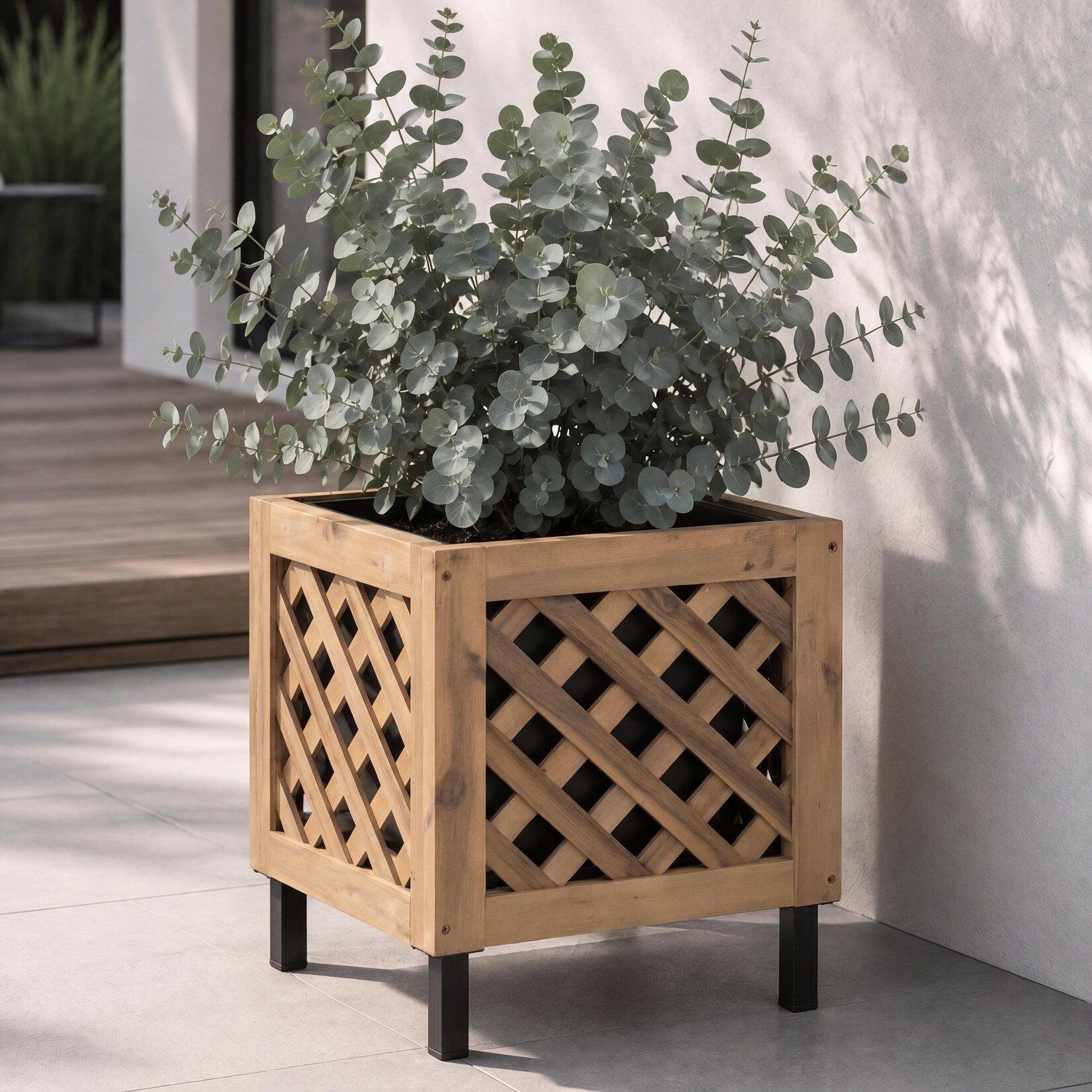 Pflanzkasten -P86, Blumen-/Pflanzkübel Blumenkasten, In-/Outdoor Akazie Holz MVG-zertifiziert 42x34x34cm ~ hellbraun