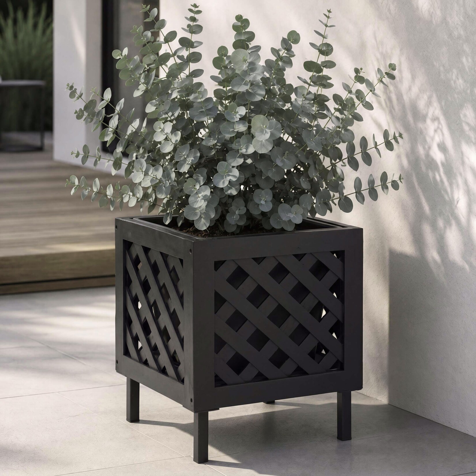 Pflanzkasten -P86, Blumen-/Pflanzkübel Blumenkasten, In-/Outdoor Akazie Holz MVG-zertifiziert 42x34x34cm ~ schwarz