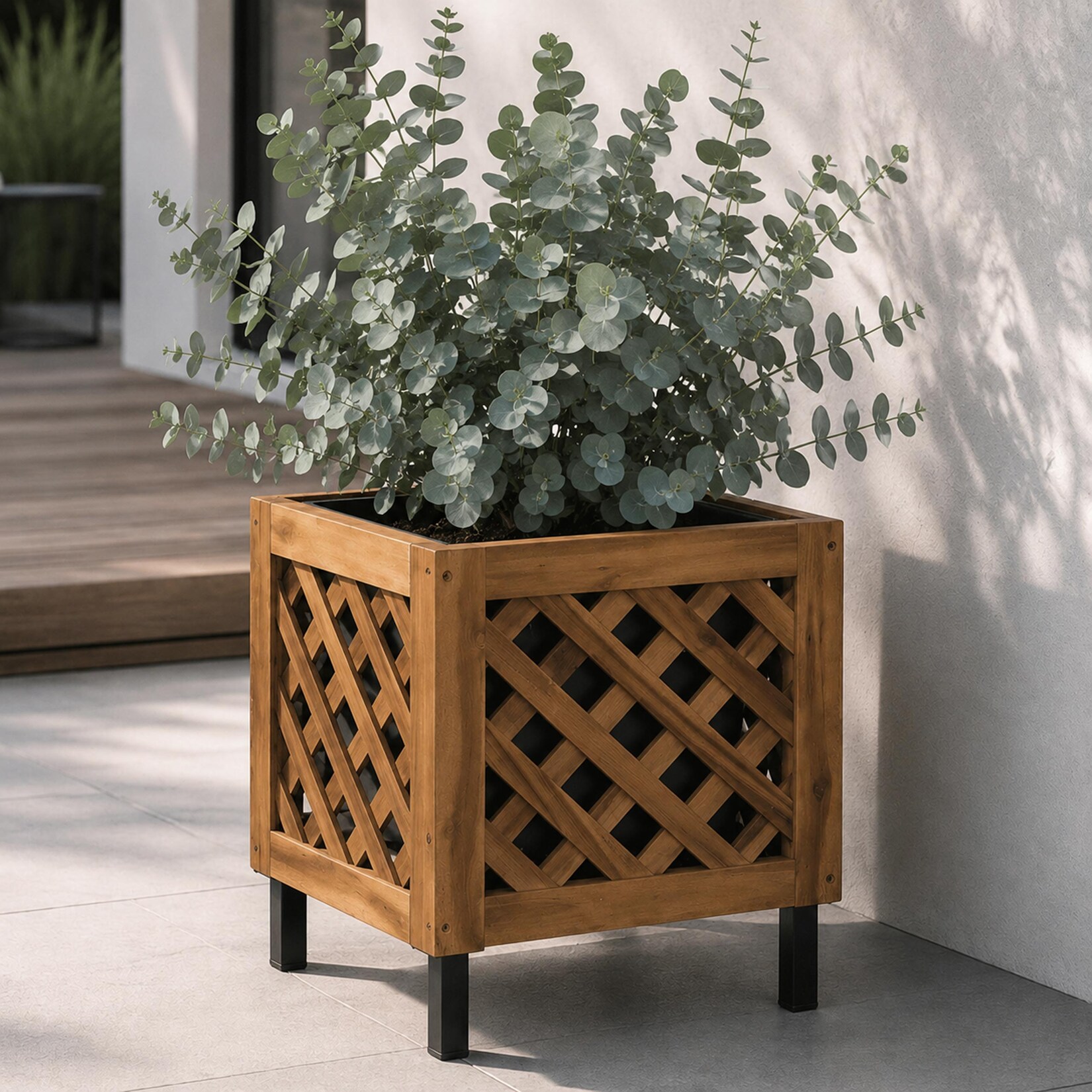 Pflanzkasten -P86, Blumen-/Pflanzkübel Blumenkasten, In-/Outdoor Akazie Holz MVG-zertifiziert 42x34x34cm ~ braun