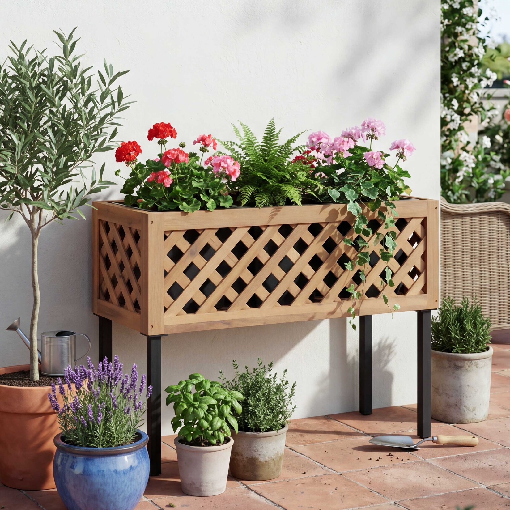 Hochbeet -P86, Blumen-/Pflanzkasten Pflanzgefäß, In-/Outdoor Akazie Holz MVG-zertifiziert 59x82x32cm ~ hellbraun
