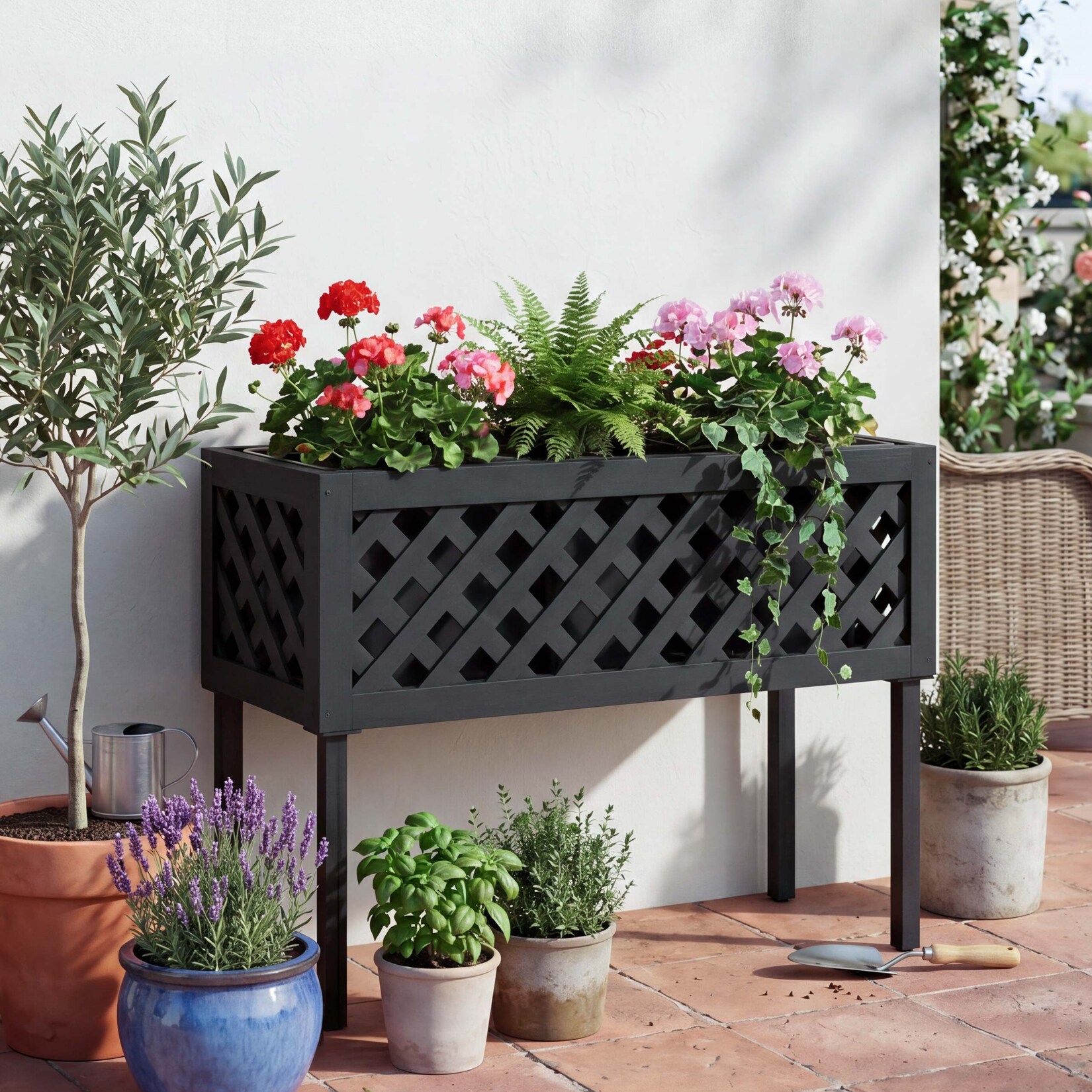 Hochbeet -P86, Blumen-/Pflanzkasten Pflanzgefäß, In-/Outdoor Akazie Holz MVG-zertifiziert 59x82x32cm ~ schwarz