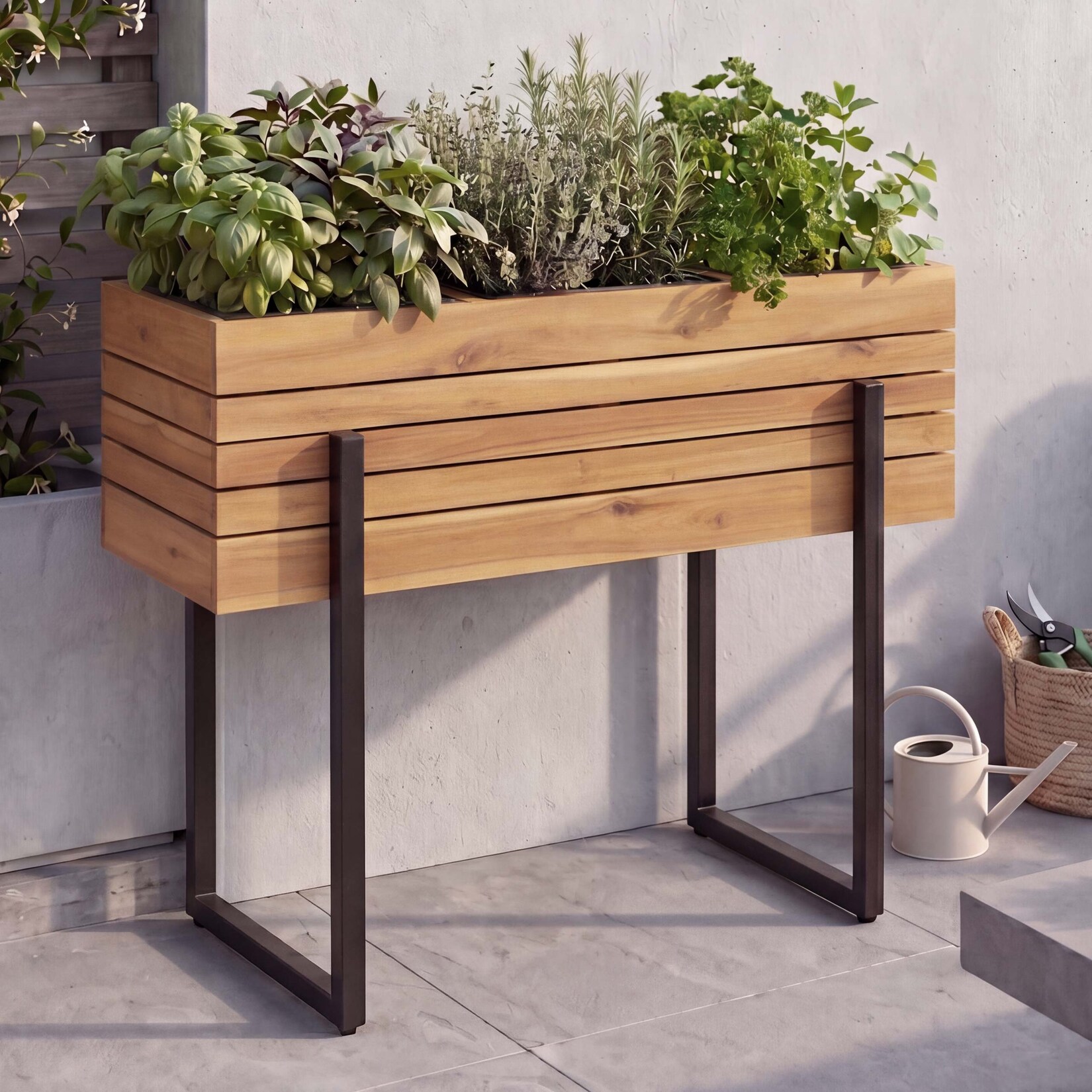 Hochbeet -P85, Pflanzbeet Blumen-/Pflanzkasten Pflanzkübel, Outdoor Metall Akazie Holz MVG 68x80x30cm ~ hellbraun