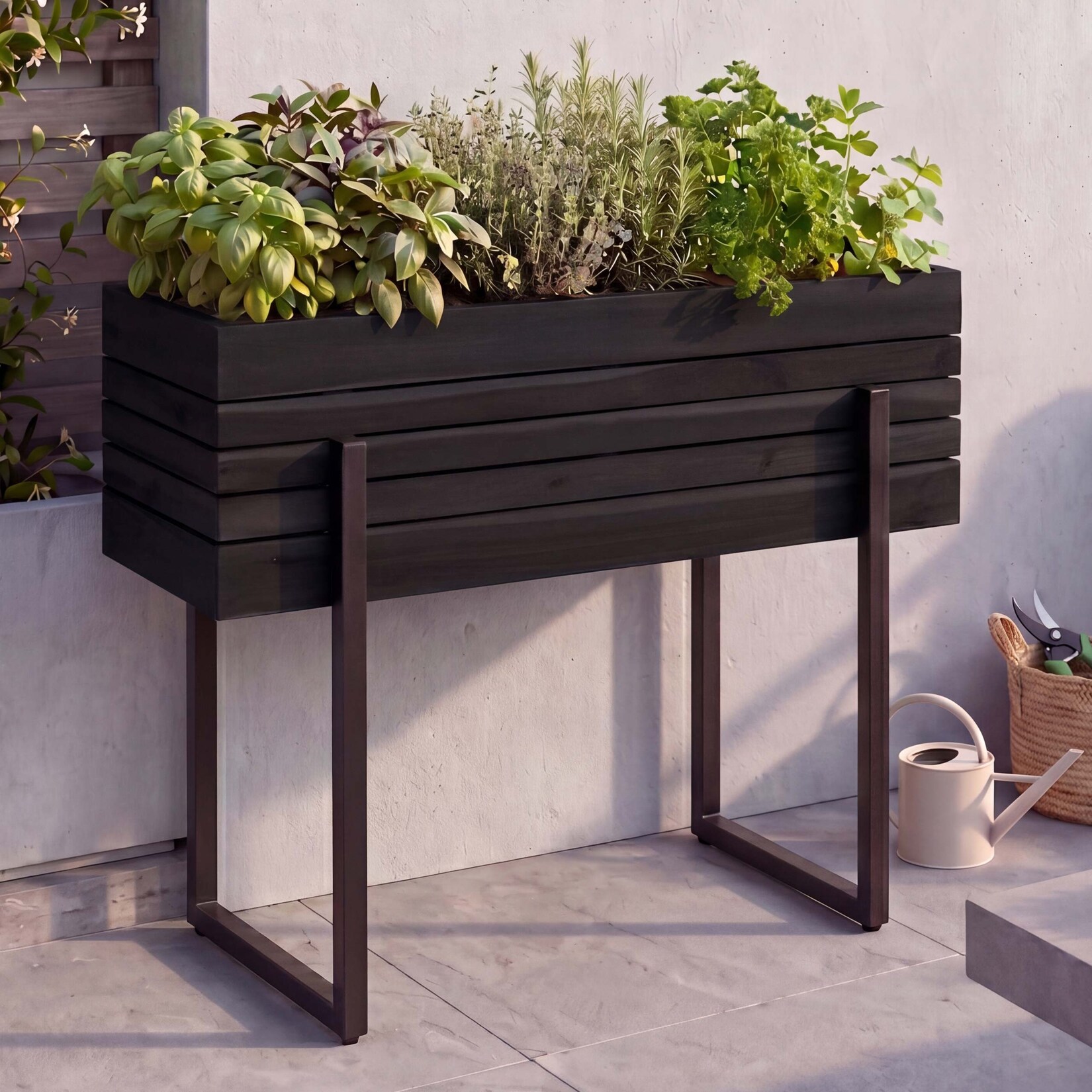 Hochbeet -P85, Pflanzbeet Blumen-/Pflanzkasten Pflanzkübel, Outdoor Metall Akazie Holz MVG 68x80x30cm ~ schwarz