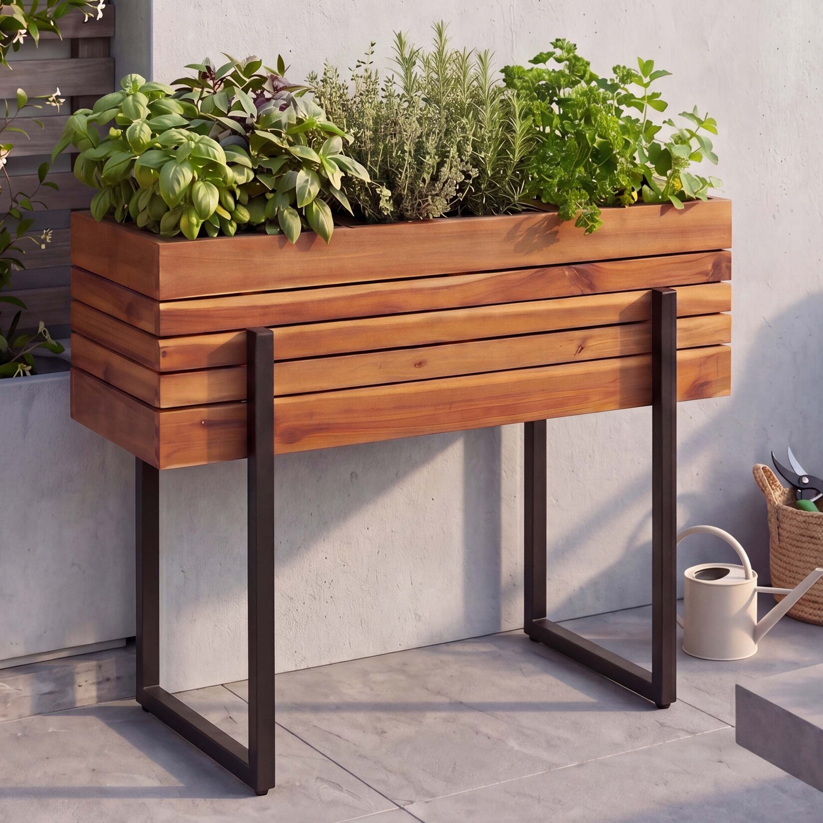 Hochbeet -P85, Pflanzbeet Blumen-/Pflanzkasten Pflanzkübel, Outdoor Metall Akazie Holz MVG 68x80x30cm ~ braun