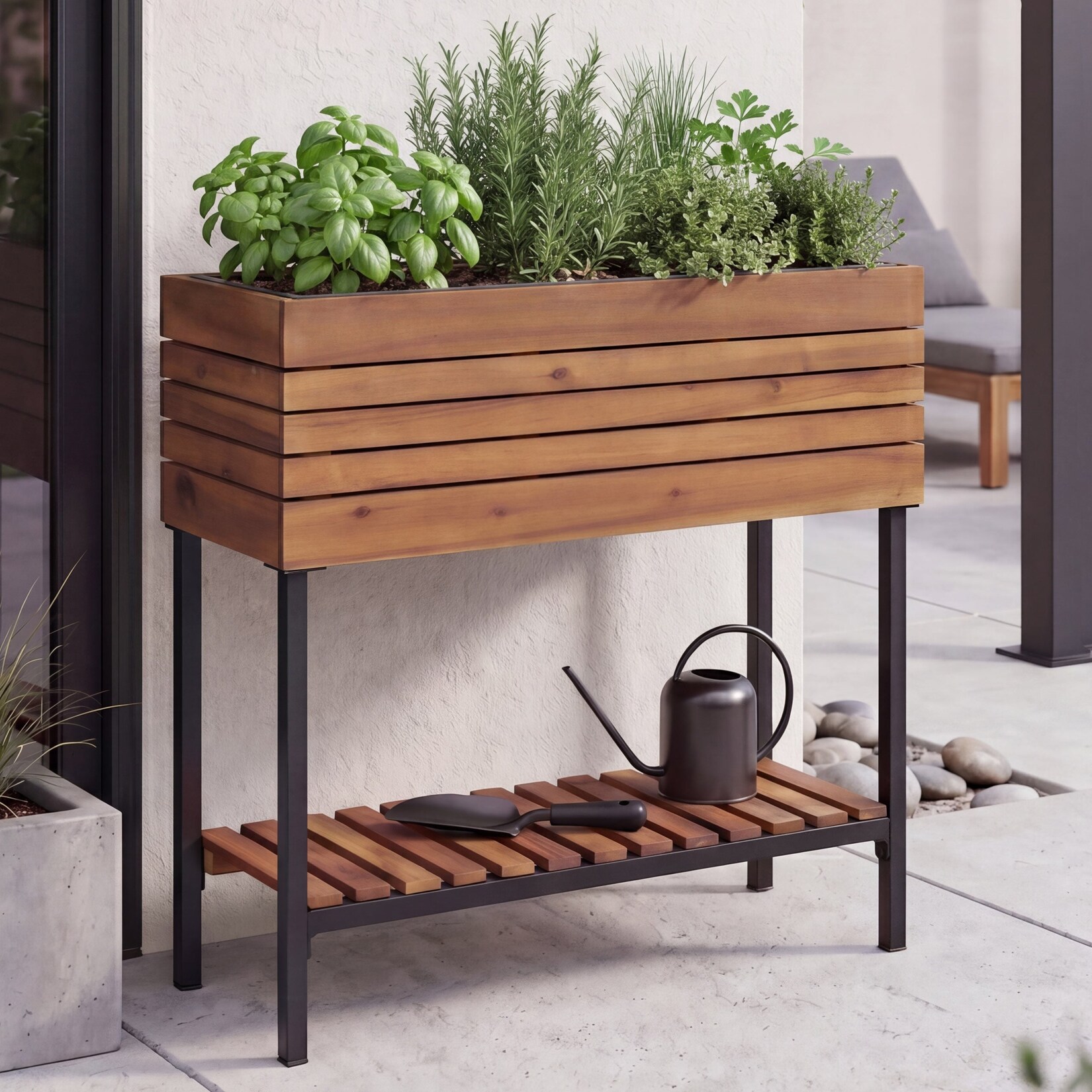 Hochbeet -P84, Pflanzbeet Blumen-/Pflanzkasten Pflanzkübel, Ablage Outdoor Akazie Holz MVG 79x80x31cm ~ hellbraun