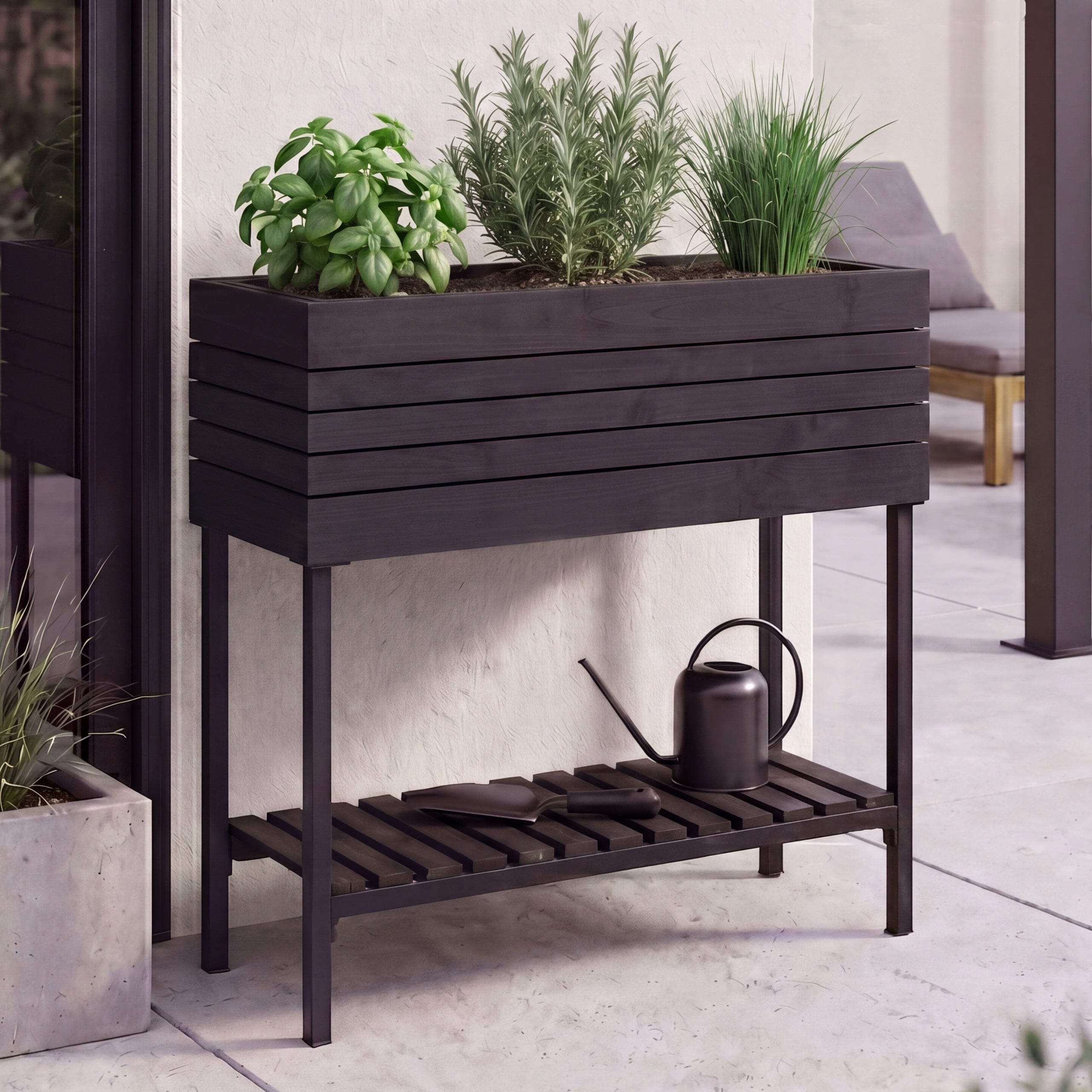 Hochbeet MCW-P84, Pflanzbeet Blumen-/Pflanzkasten Pflanzk&uuml;bel, Ablage Outdoor Akazie Holz MVG 79x80x31cm ~ schwarz - Bild 1