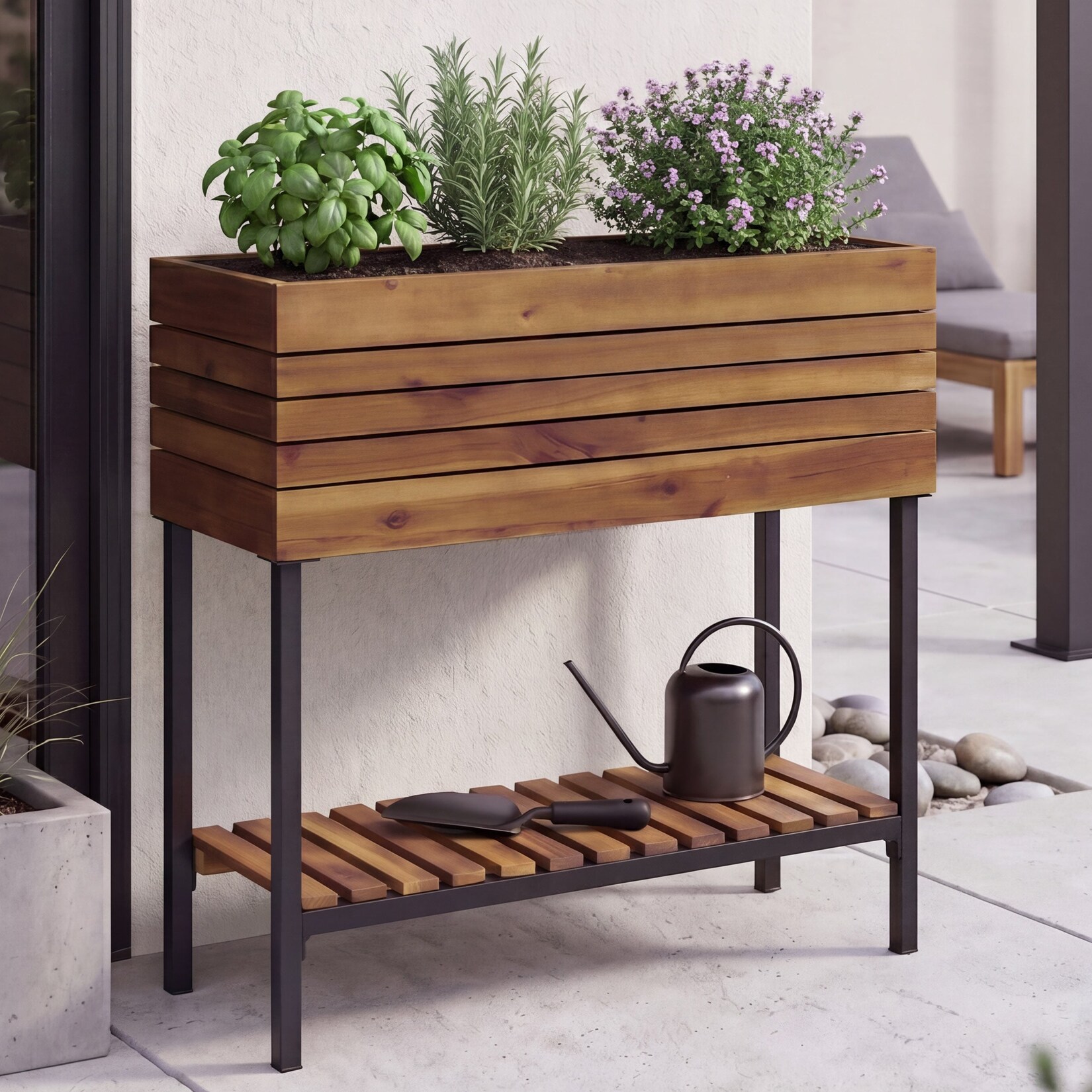 Hochbeet -P84, Pflanzbeet Blumen-/Pflanzkasten Pflanzkübel, Ablage Outdoor Akazie Holz MVG 79x80x31cm ~ braun