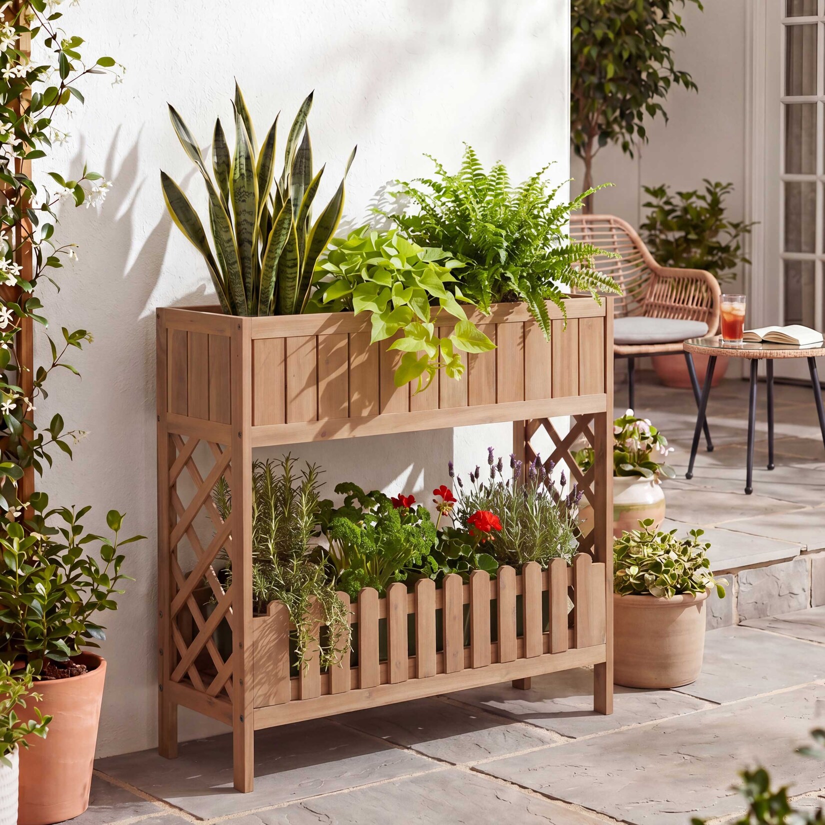 Hochbeet -P83, Blumen-/Pflanzkasten Blumenregal Ablage,&nbsp;Outdoor Akazie Holz MVG-zertifiziert 90x95x31cm ~ hellbraun