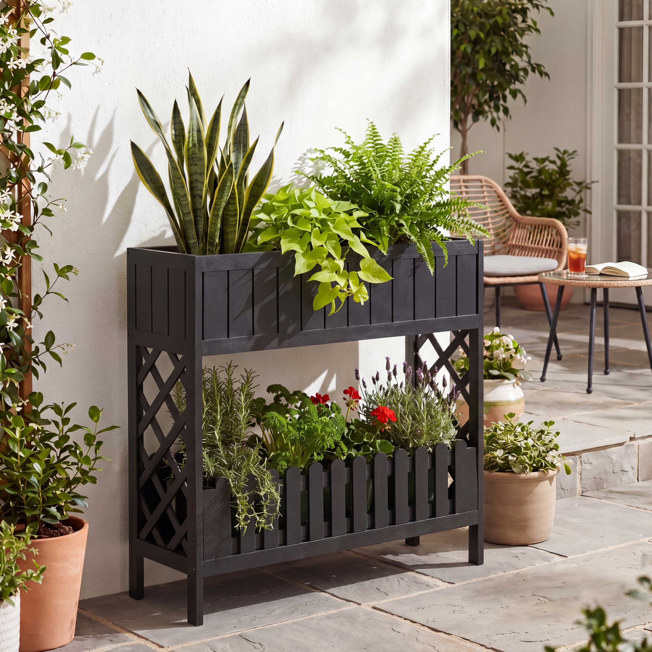 Hochbeet MCW-P83, Blumen-/Pflanzkasten Blumenregal Ablage,&nbsp;Outdoor Akazie Holz MVG-zertifiziert 90x95x31cm ~ schwarz - Bild 1