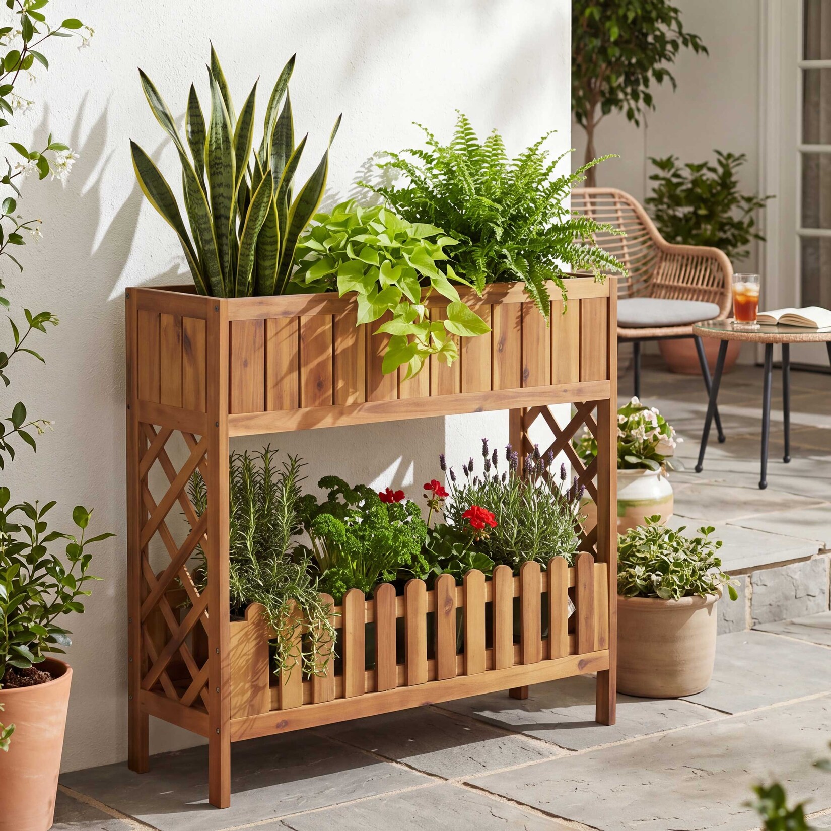 Hochbeet -P83, Blumen-/Pflanzkasten Blumenregal Ablage,&nbsp;Outdoor Akazie Holz MVG-zertifiziert 90x95x31cm ~ braun