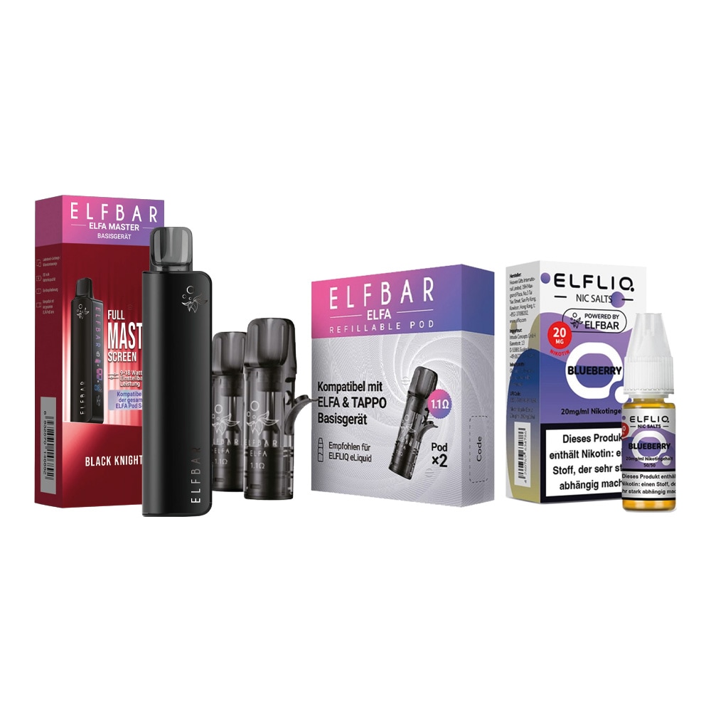 ELFBAR ELFA MASTER Basisger&auml;t - Black knight mit Refillable Pods 2er Pack und ELFBAR ELFLIQ - Blueberry Nicotine Salt Liquid 10ml 20mg - Bild 1
