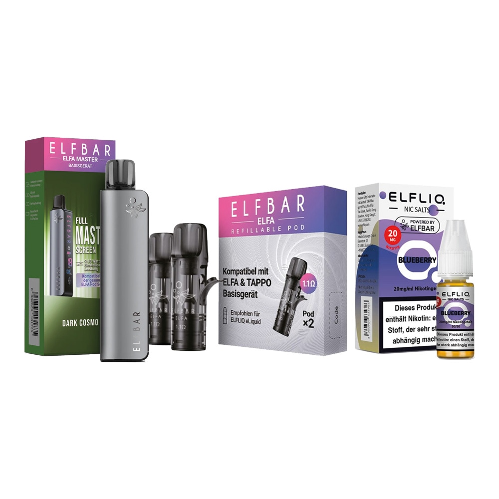 ELFBAR ELFA MASTER Basisger&auml;t - Dark Cosmo mit Refillable Pods 2er Pack und ELFBAR ELFLIQ - Blueberry Nicotine Salt Liquid 10ml 20mg - Bild 1