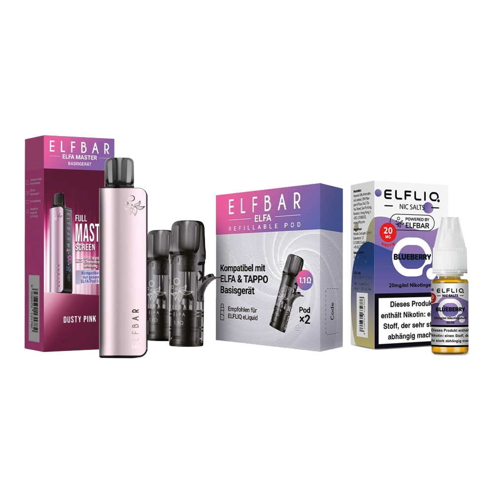 ELFBAR ELFA MASTER Basisger&auml;t - Dusty Pink mit Refillable Pods 2er Pack und ELFBAR ELFLIQ - Blueberry Nicotine Salt Liquid 10ml 20mg - Bild 1